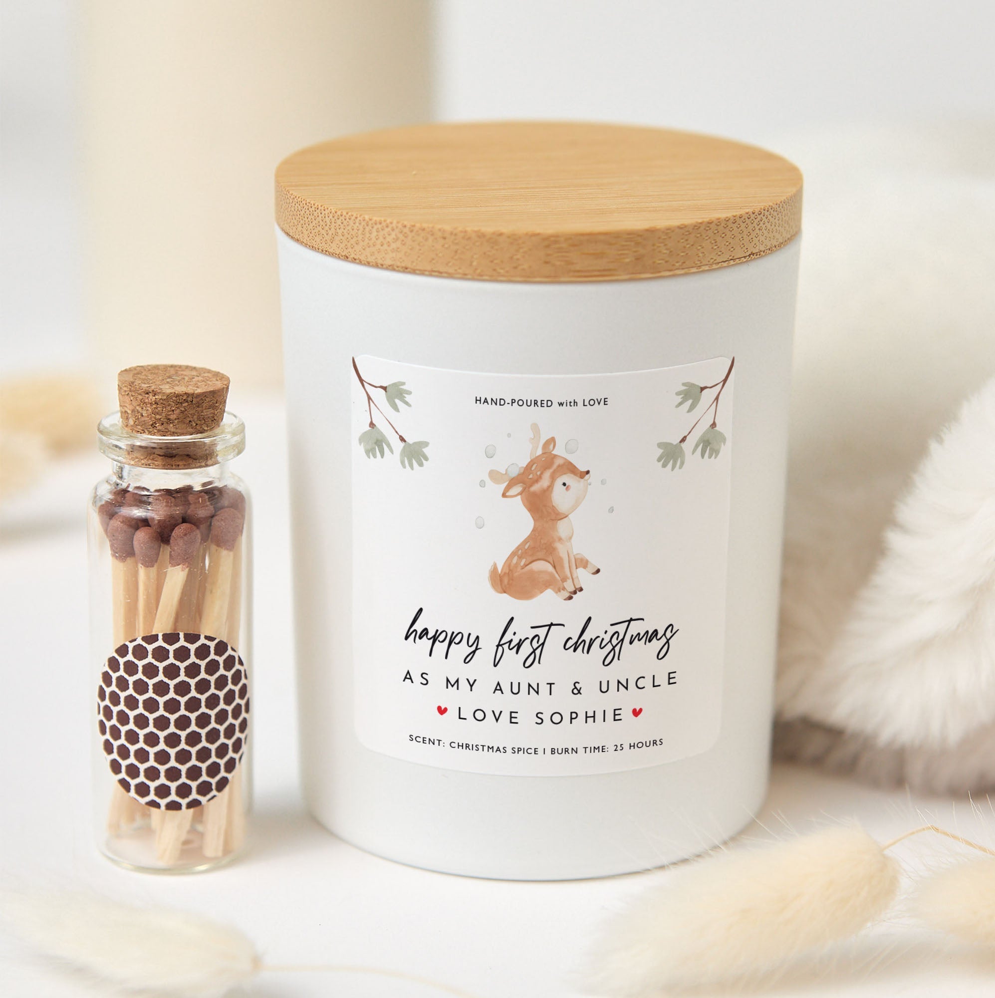 Happy First Christmas Candle for Aunt and Uncle | Personalized Holiday Candle Gift with Gift Box and Matches