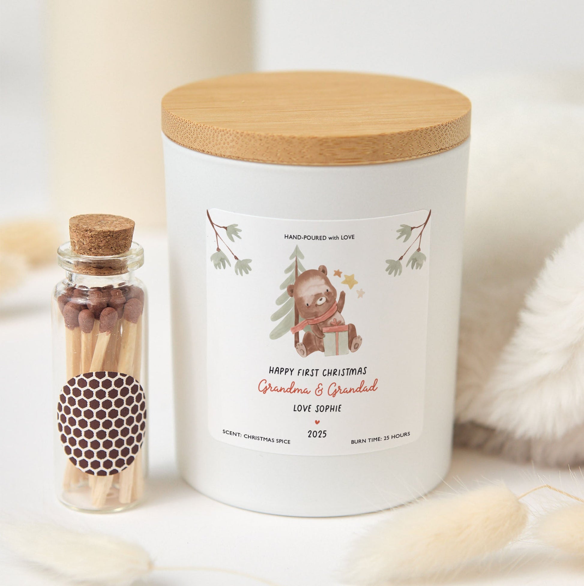 Happy First Christmas Grandma and Grandad Candle | Personalized Candle Gift with Gift Box and Mini Wooden Matches