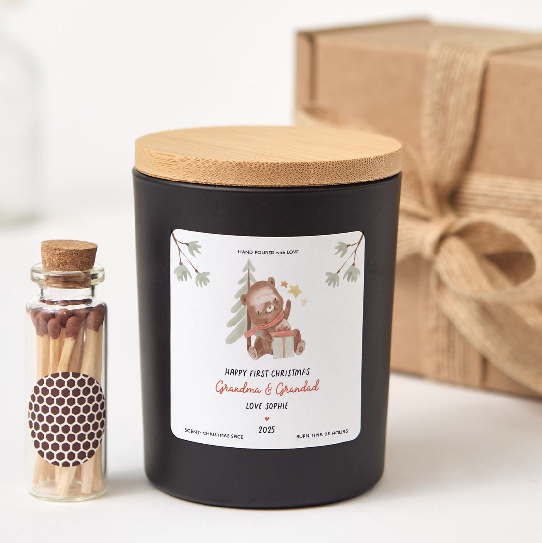 Happy First Christmas Grandma and Grandad Candle | Personalized Candle Gift with Gift Box and Mini Wooden Matches