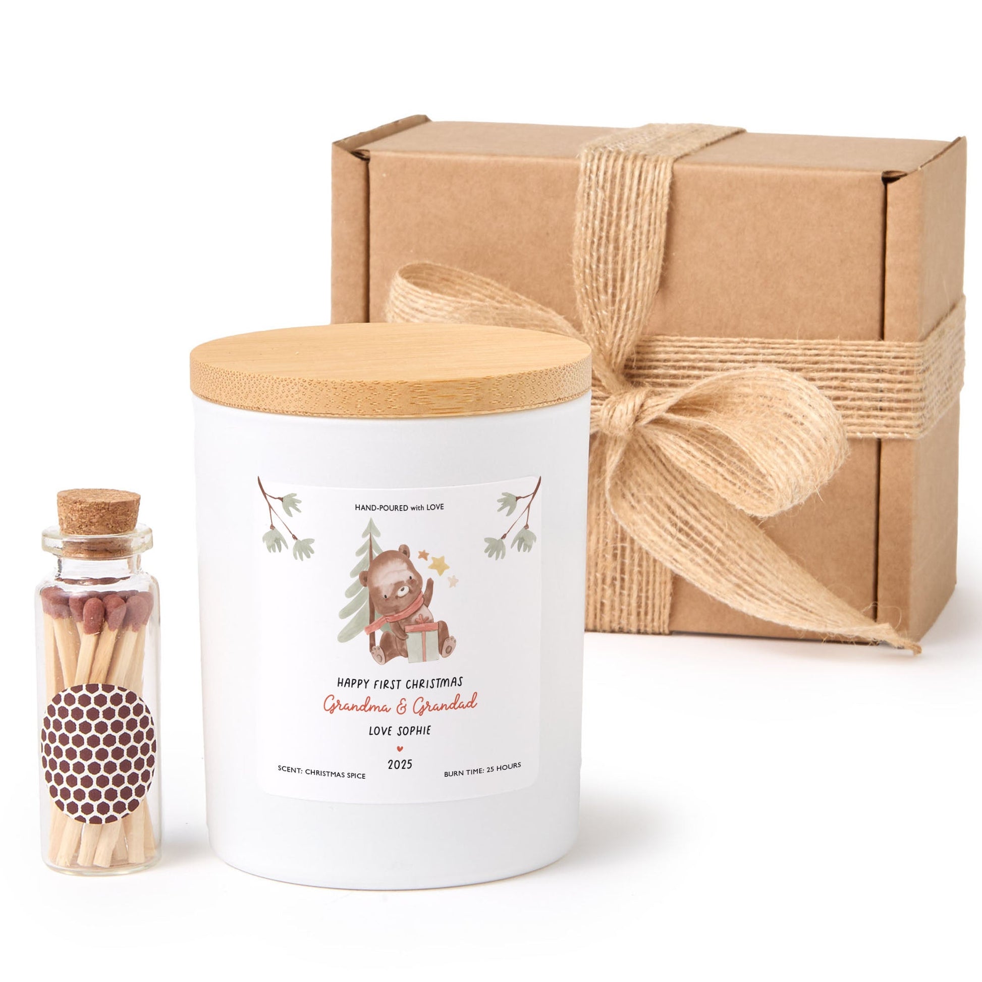 Happy First Christmas Grandma and Grandad Candle | Personalized Candle Gift with Gift Box and Mini Wooden Matches