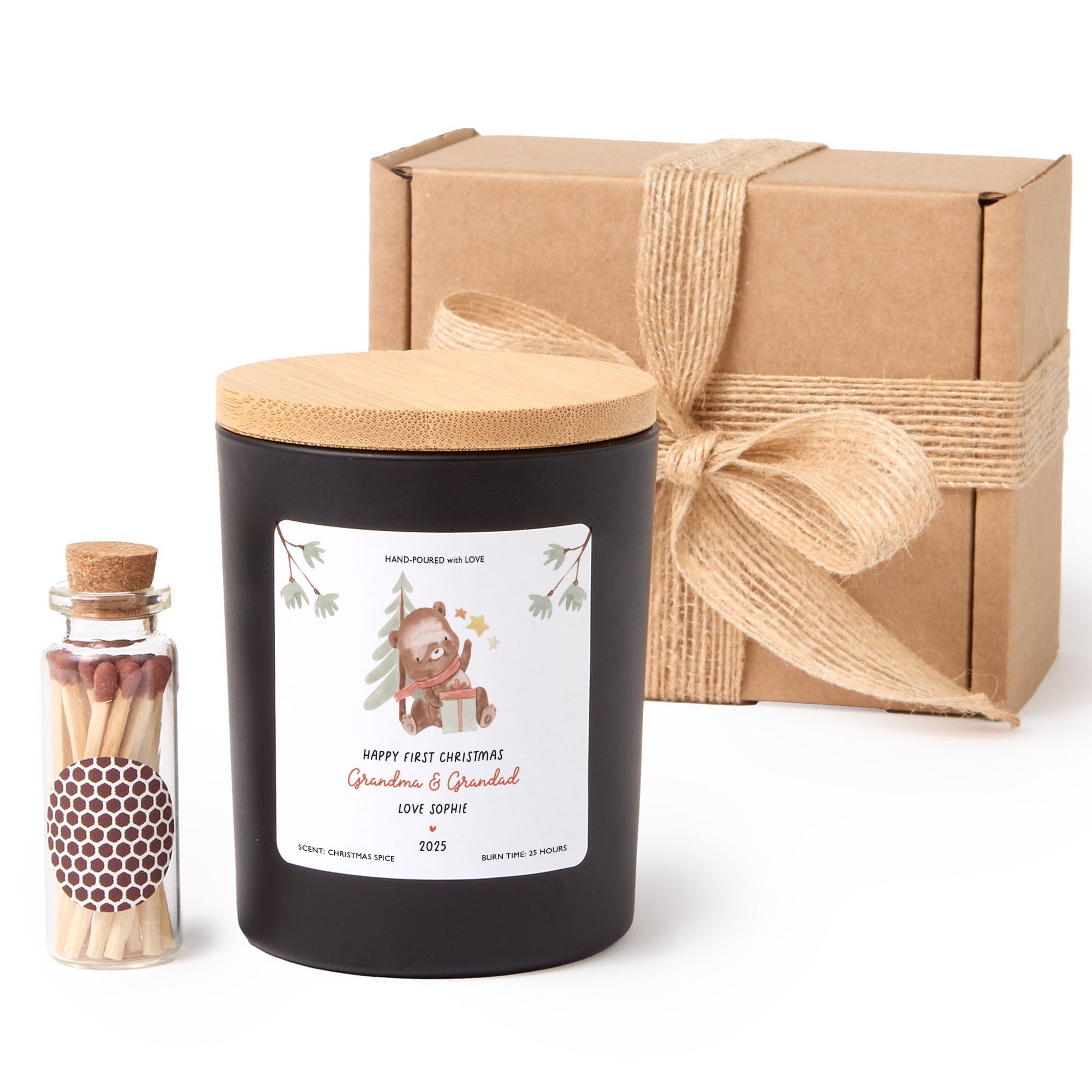 Happy First Christmas Grandma and Grandad Candle | Personalized Candle Gift with Gift Box and Mini Wooden Matches