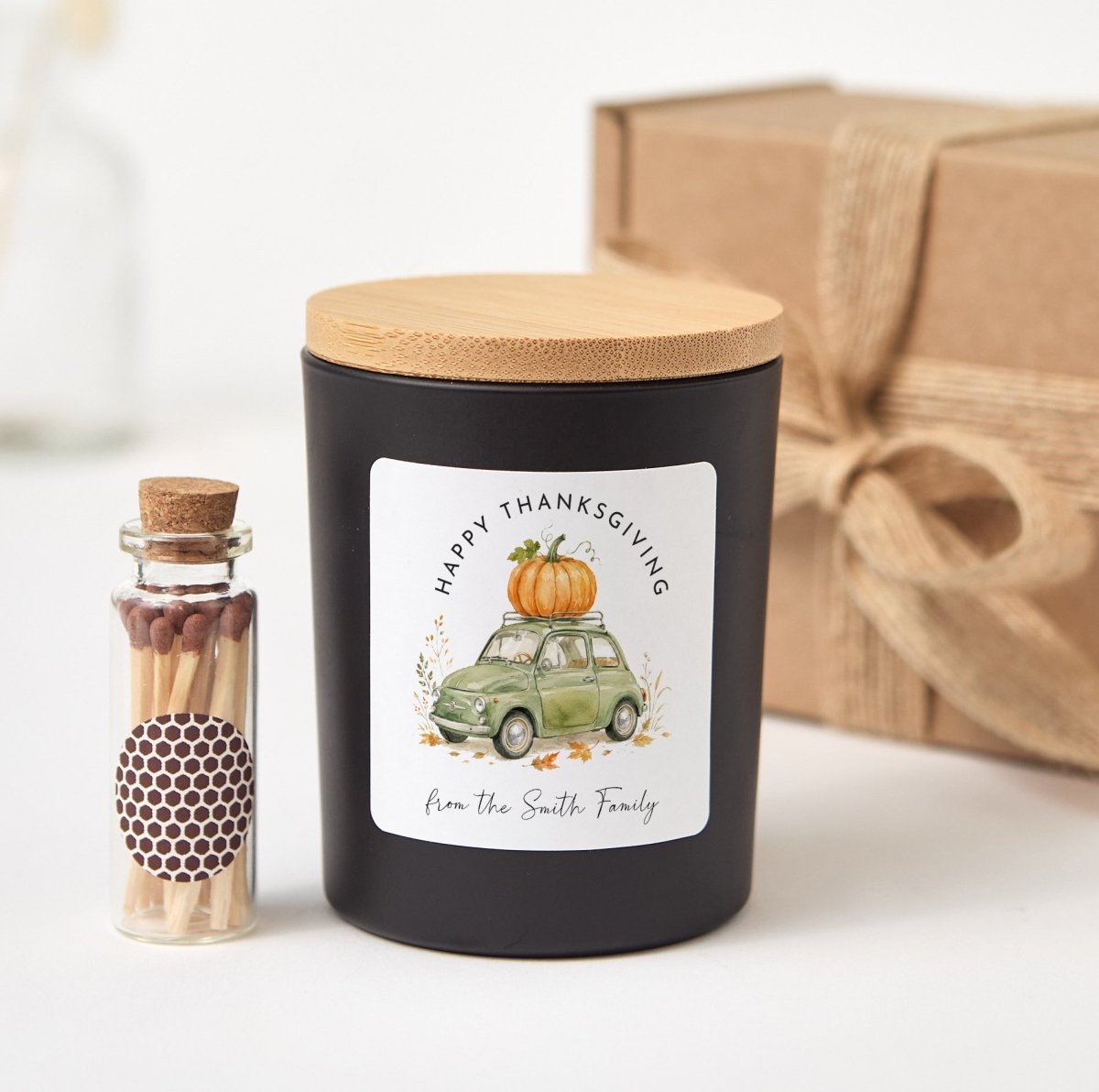 Happy Thanksgiving Candle Gift for Family Hosts, Pumpkin Car Label, Rustic Gift Box with Wooden Matches
