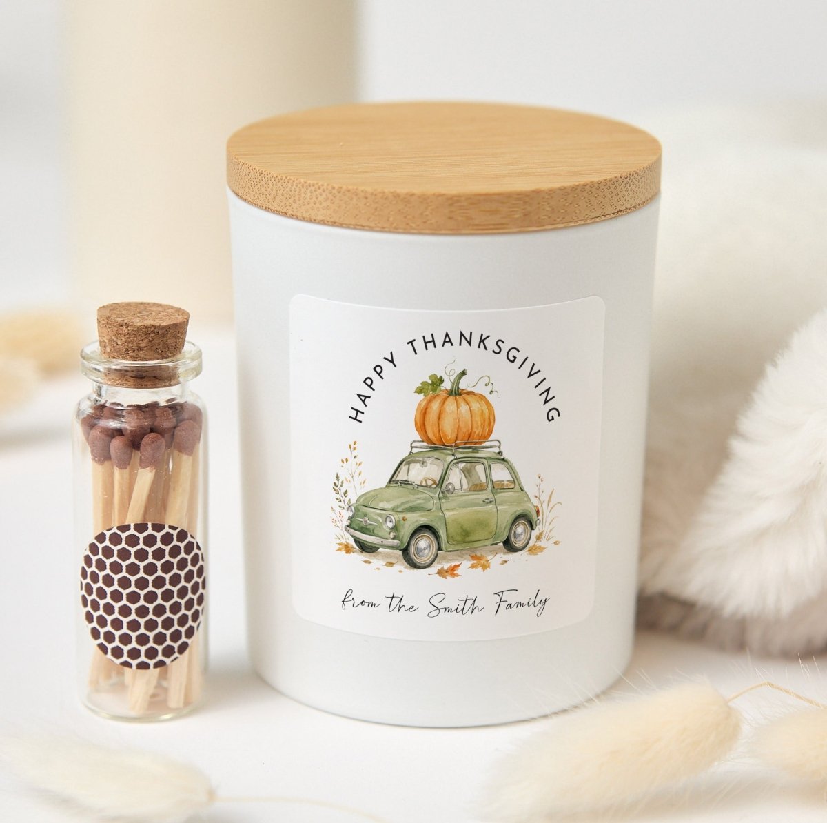 Happy Thanksgiving Candle Gift for Family Hosts, Pumpkin Car Label, Rustic Gift Box with Wooden Matches