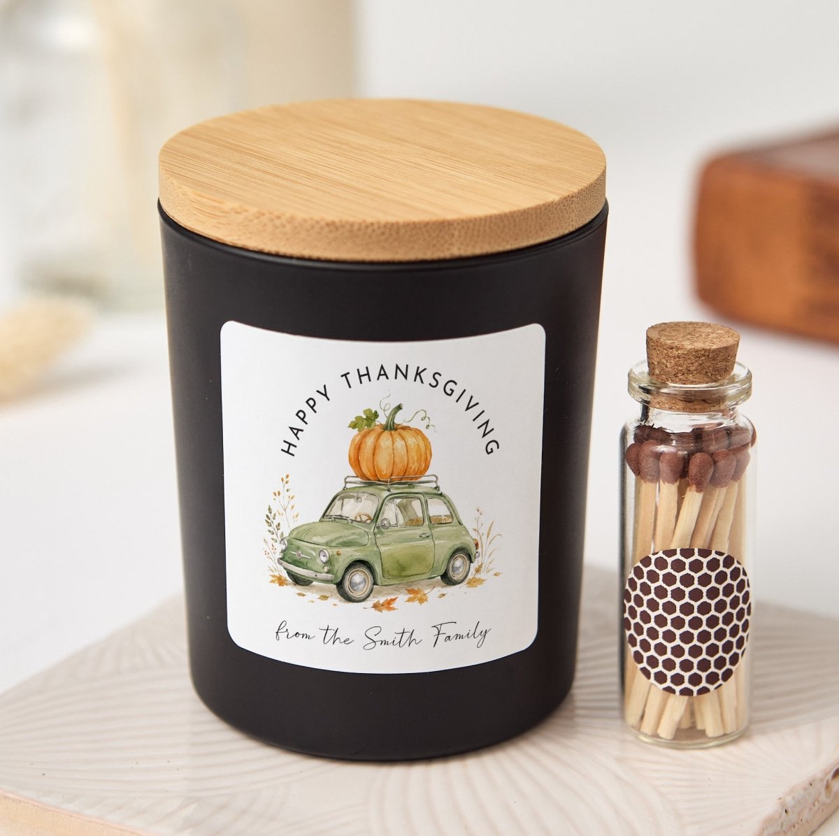 Happy Thanksgiving Candle Gift for Family Hosts, Pumpkin Car Label, Rustic Gift Box with Wooden Matches