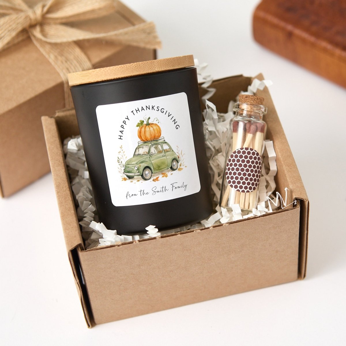 Happy Thanksgiving Candle Gift for Family Hosts, Pumpkin Car Label, Rustic Gift Box with Wooden Matches