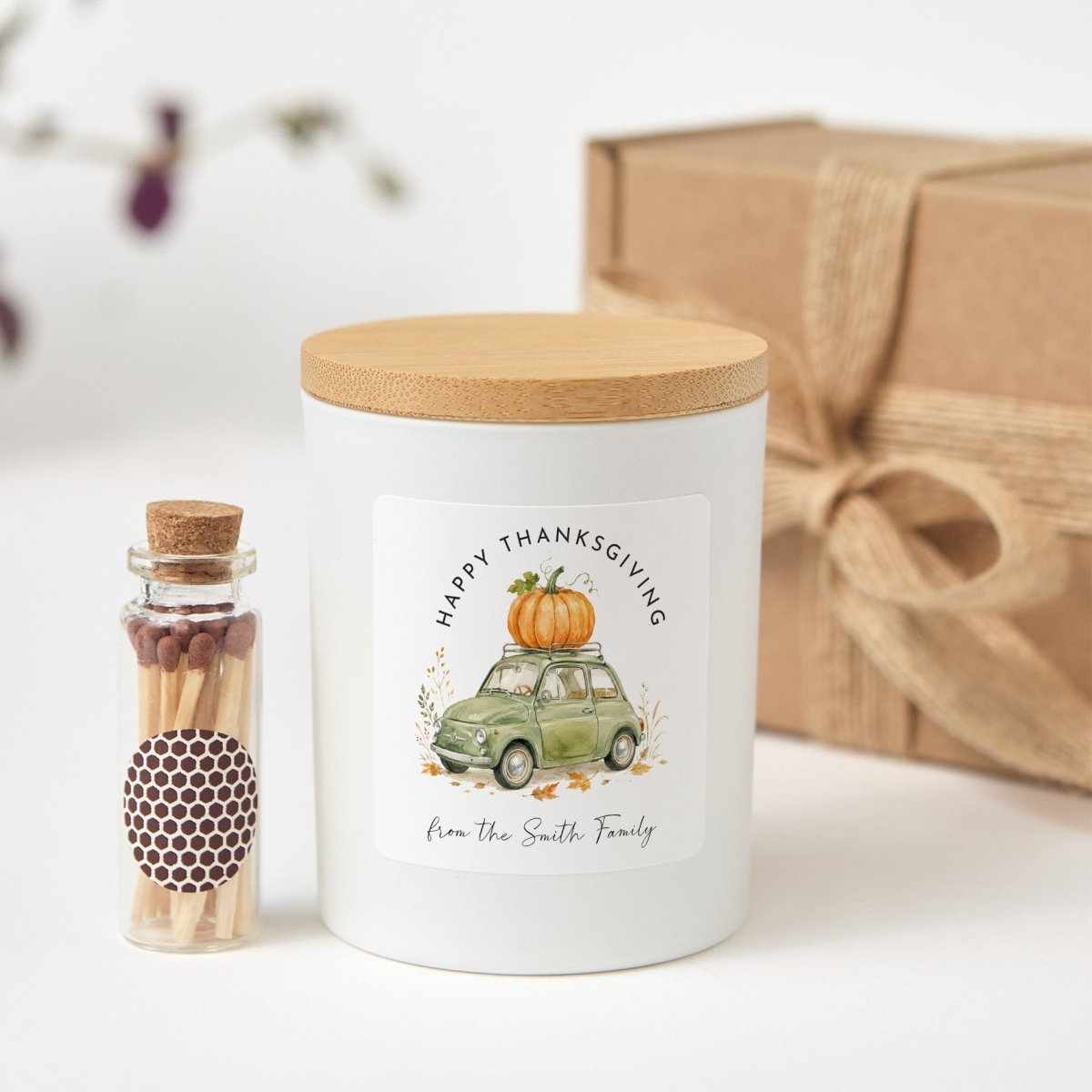 Happy Thanksgiving Candle Gift for Family Hosts, Pumpkin Car Label, Rustic Gift Box with Wooden Matches