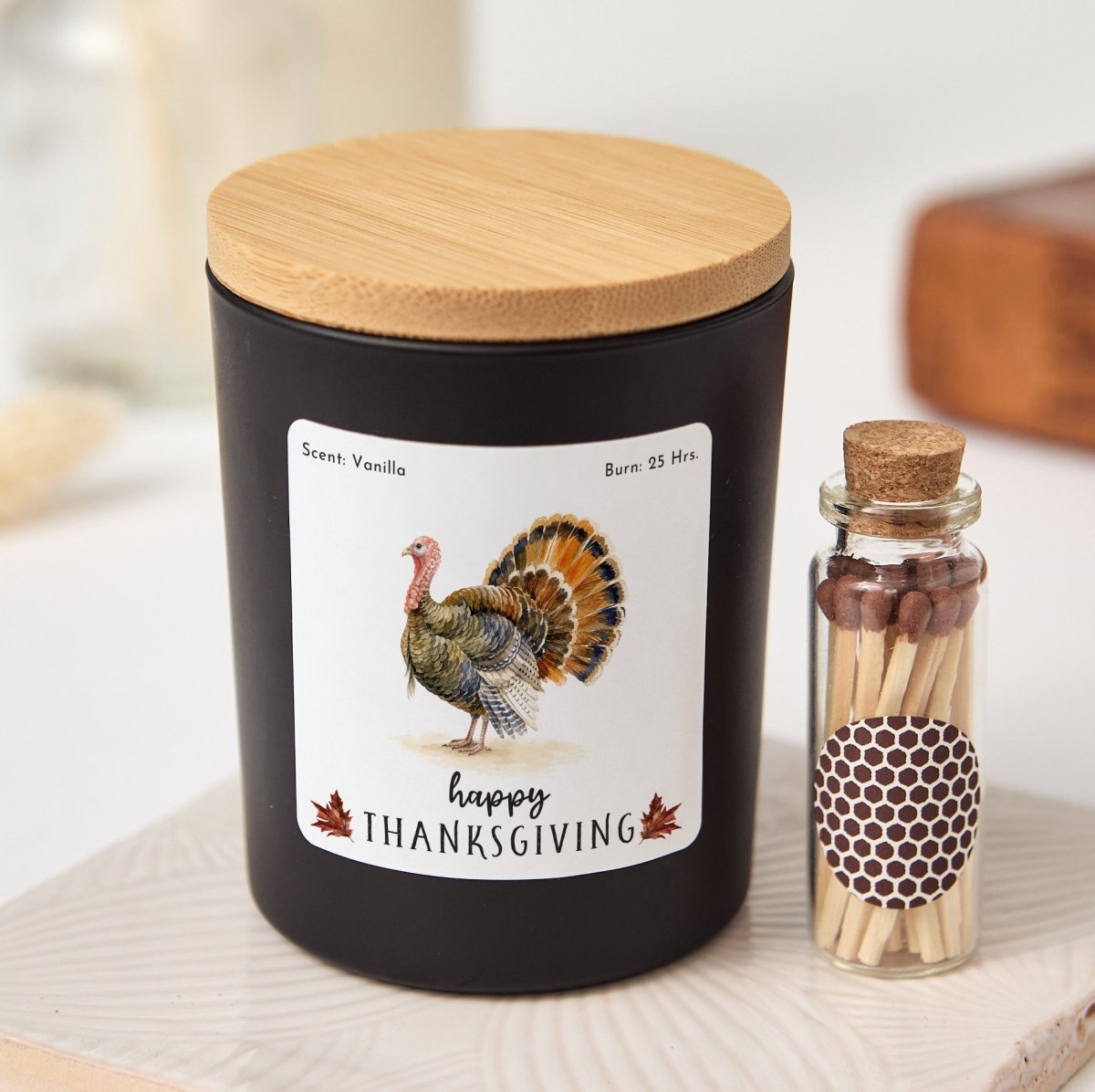 Happy Thanksgiving Turkey Candle, Autumn Hostess Gift, Fall Table Decor in Ribboned Box with Mini Wooden Matches