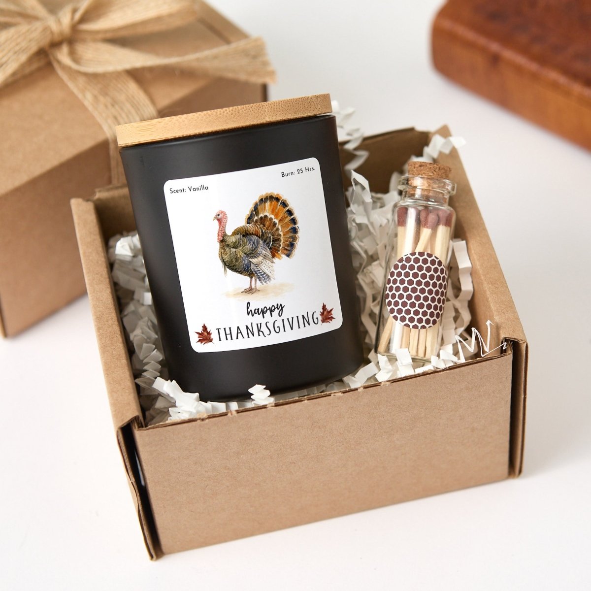Happy Thanksgiving Turkey Candle, Autumn Hostess Gift, Fall Table Decor in Ribboned Box with Mini Wooden Matches