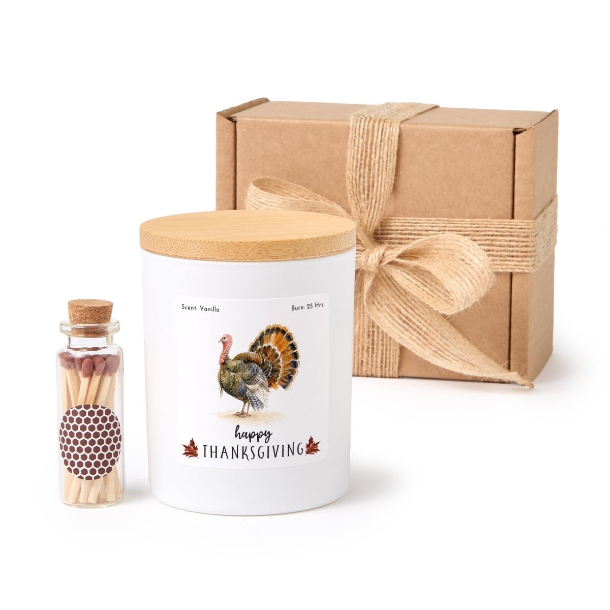 Happy Thanksgiving Turkey Candle, Autumn Hostess Gift, Fall Table Decor in Ribboned Box with Mini Wooden Matches