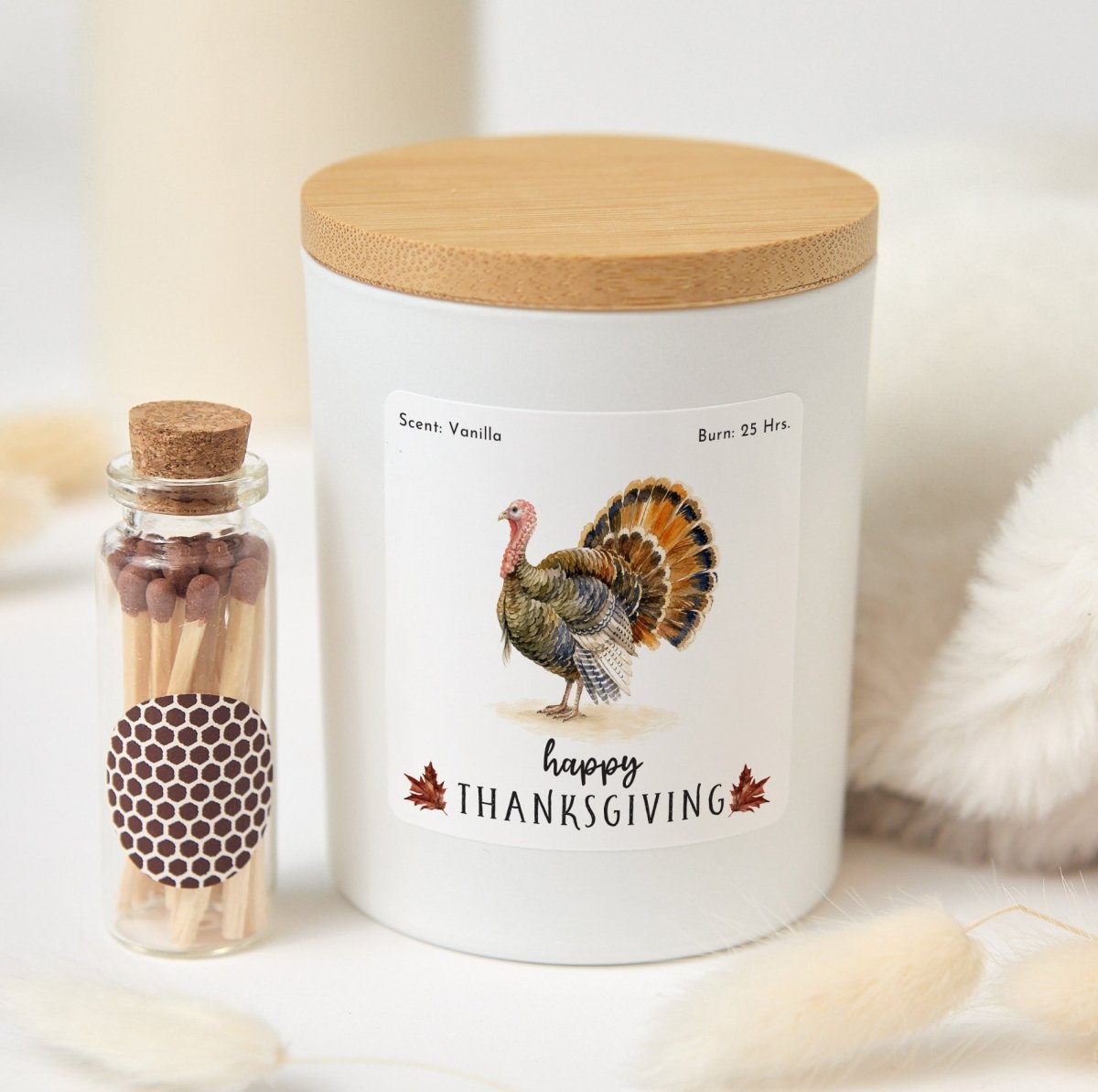 Happy Thanksgiving Turkey Candle, Autumn Hostess Gift, Fall Table Decor in Ribboned Box with Mini Wooden Matches