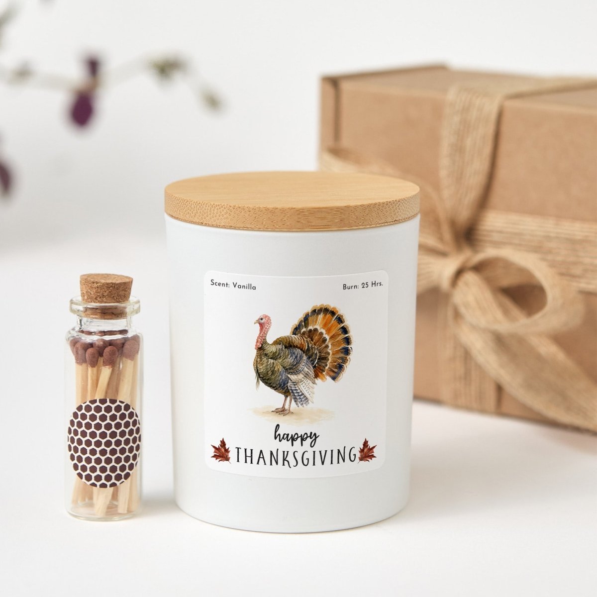 Happy Thanksgiving Turkey Candle, Autumn Hostess Gift, Fall Table Decor in Ribboned Box with Mini Wooden Matches