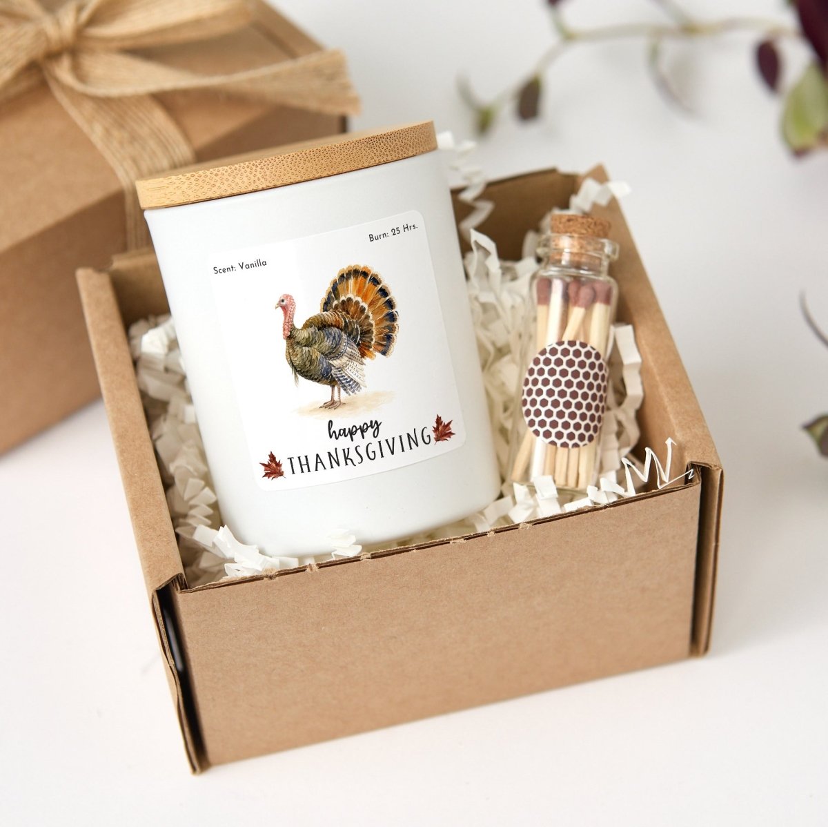 Happy Thanksgiving Turkey Candle, Autumn Hostess Gift, Fall Table Decor in Ribboned Box with Mini Wooden Matches