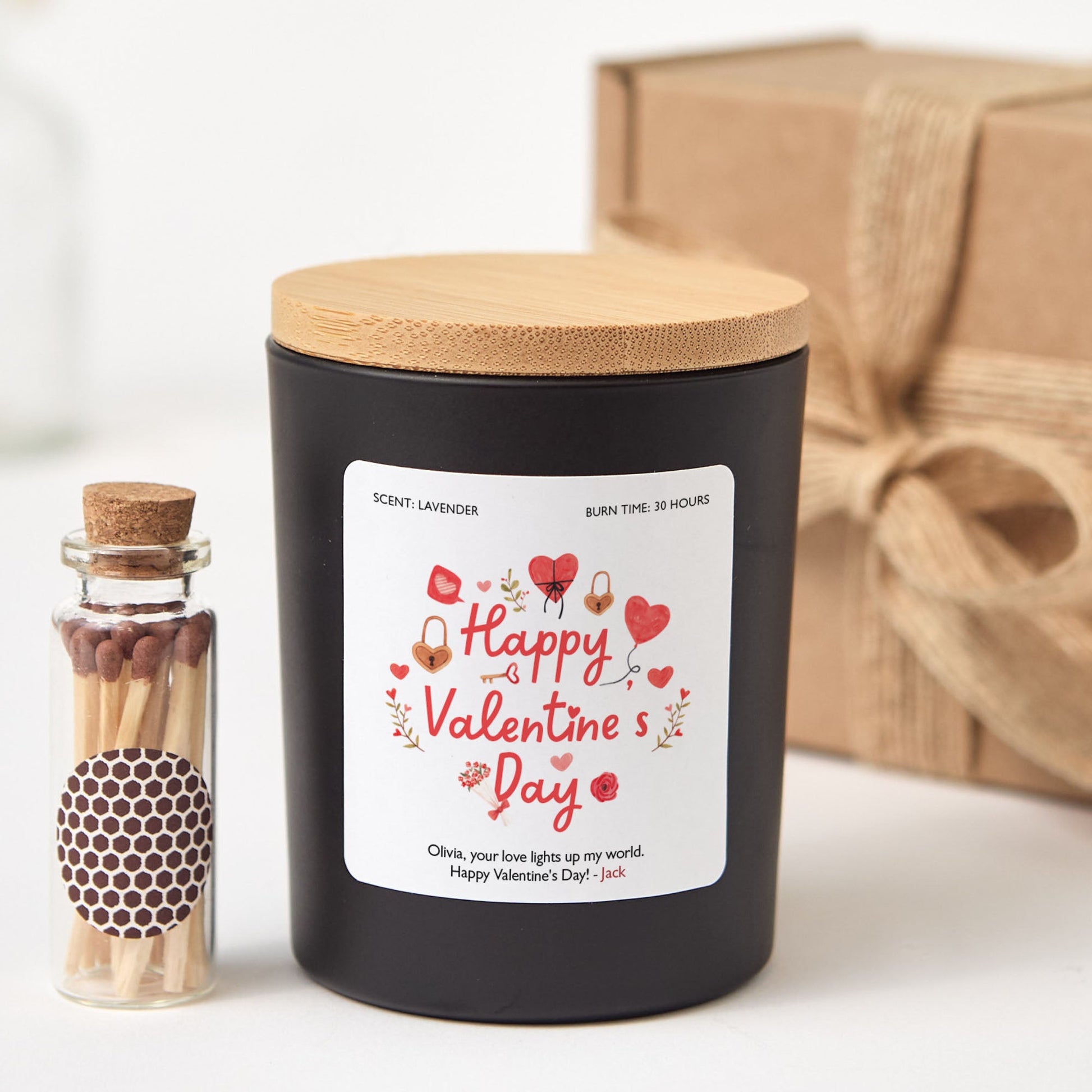 Happy Valentine’s Day Candle Gift Set with Matches, Custom Message, Gift for Him Her