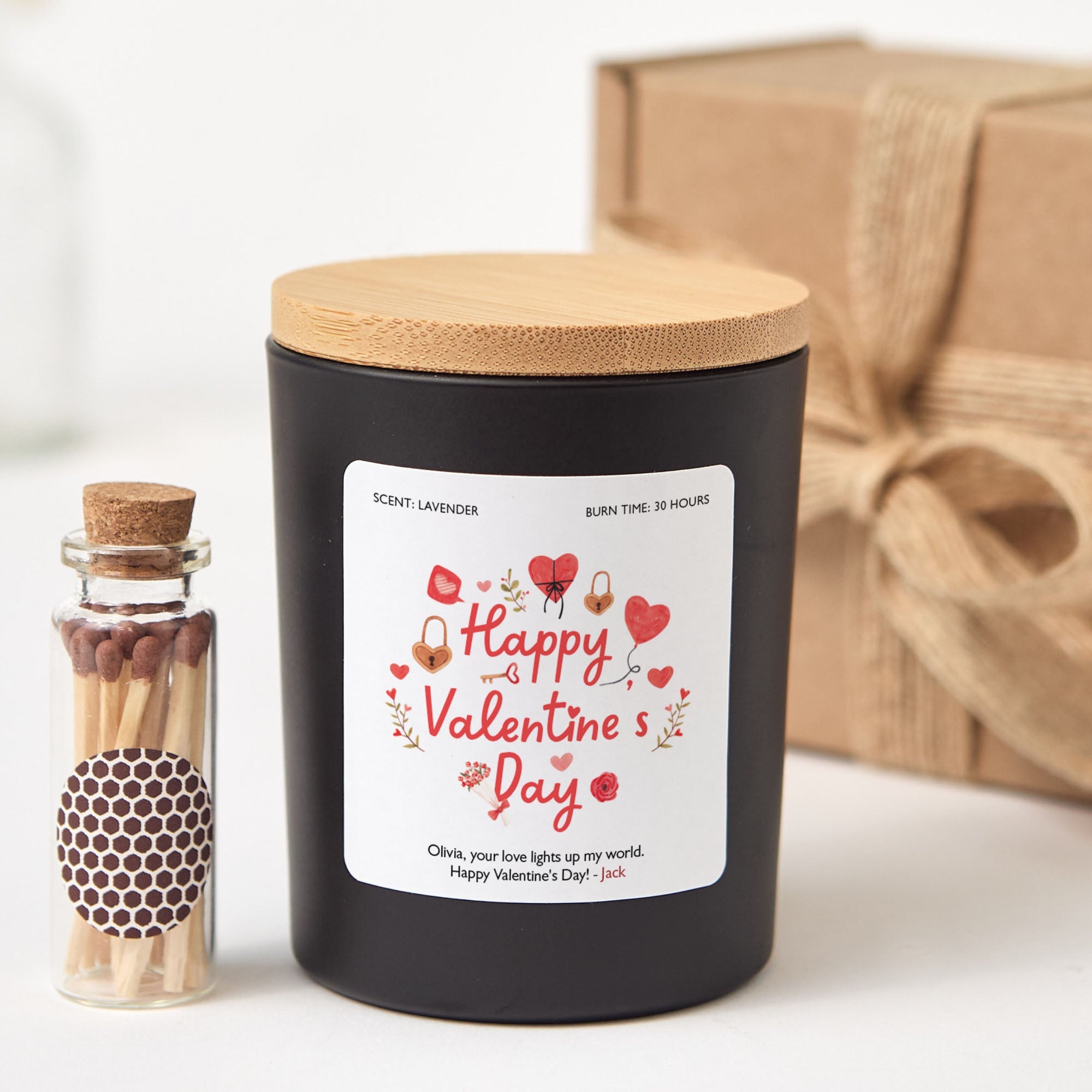 Happy Valentine’s Day Candle Gift Set with Matches, Custom Message, Gift for Him Her