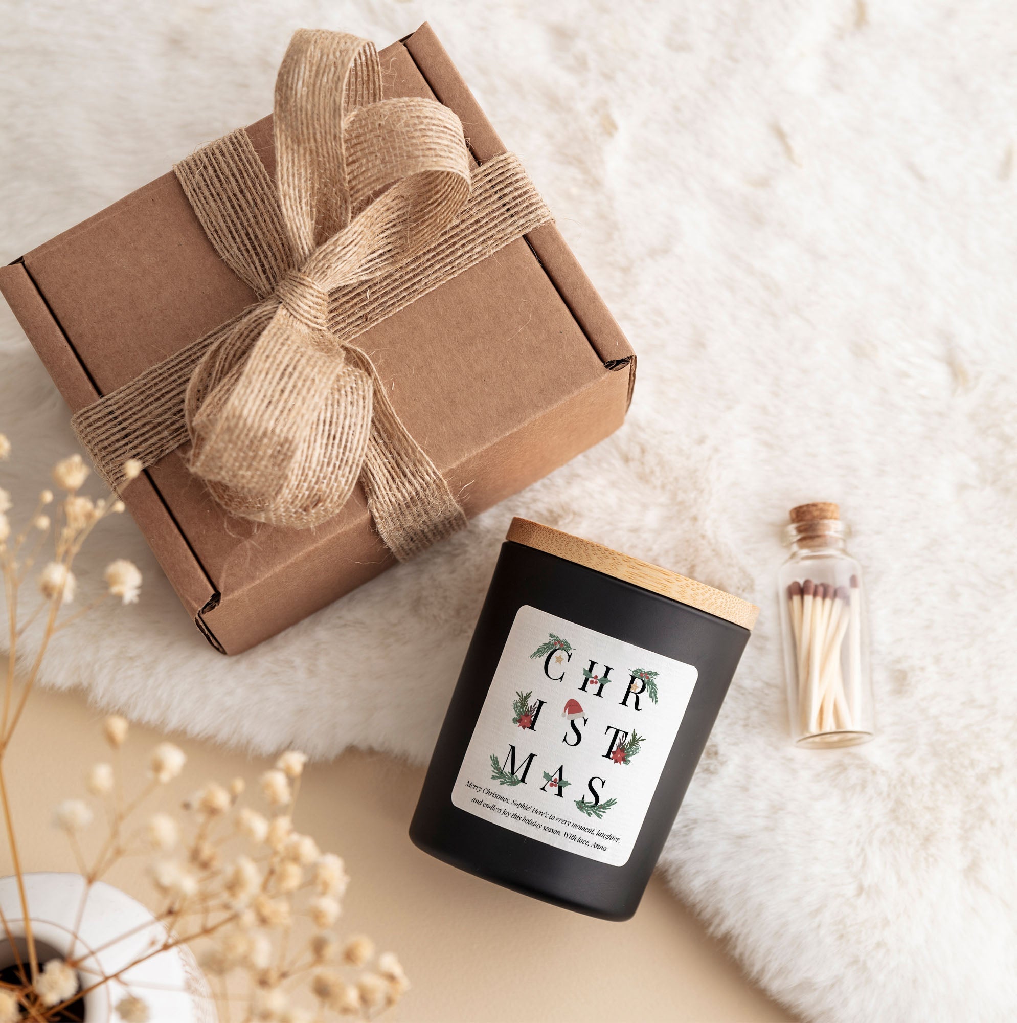 Holiday Candle Gift Box | Personalized Christmas Candle with Matches | Festive Gift for Her or Him Parents Friends Family