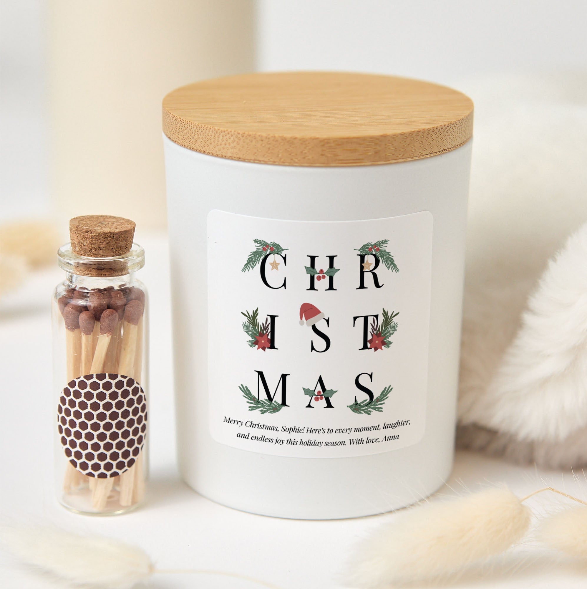 Holiday Candle Gift Box | Personalized Christmas Candle with Matches | Festive Gift for Her or Him Parents Friends Family