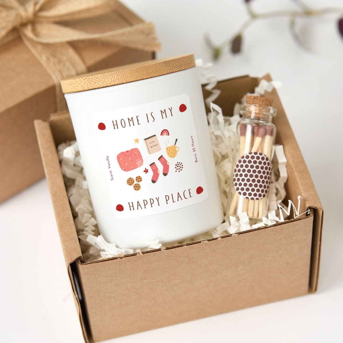 Home Is My Happy Place Candle, Cozy Housewarming Gift, Vanilla Scented Jar with Wooden Lid and Matches