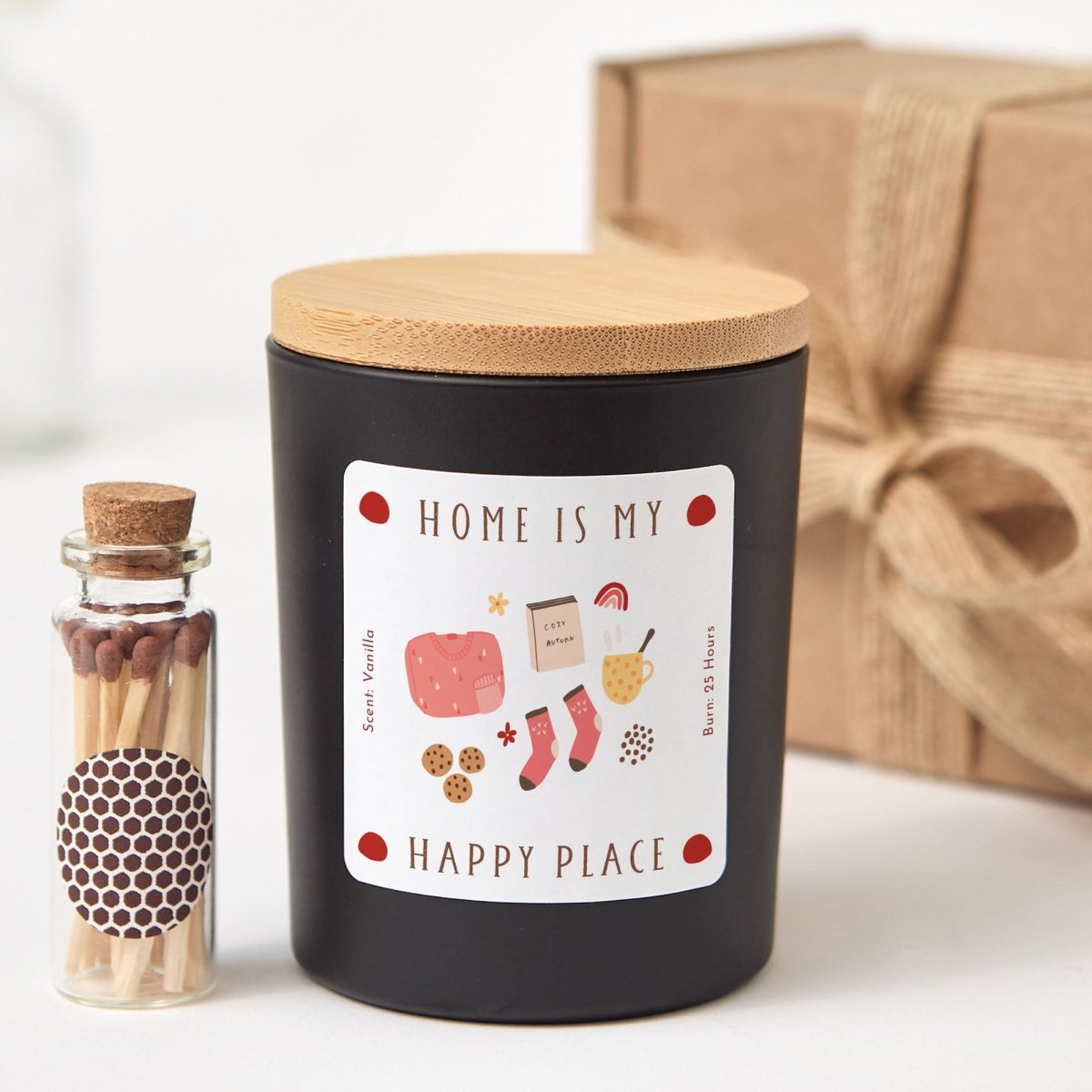 Home Is My Happy Place Candle, Cozy Housewarming Gift, Vanilla Scented Jar with Wooden Lid and Matches