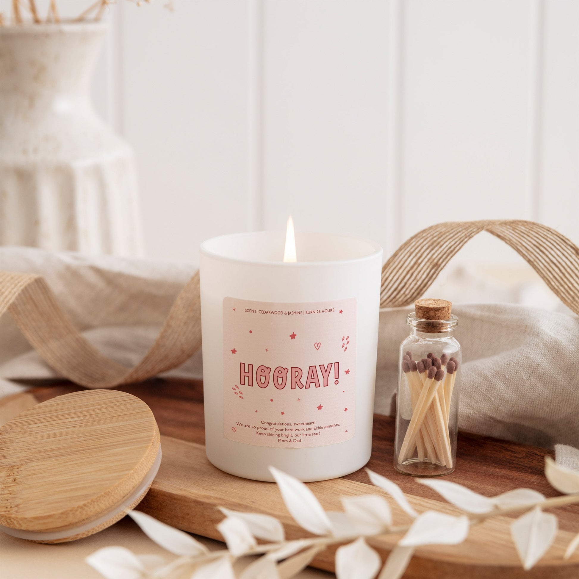 Hooray Congratulations Candle, Personalized Celebration Gift, Achievement Scented Candle with Matches