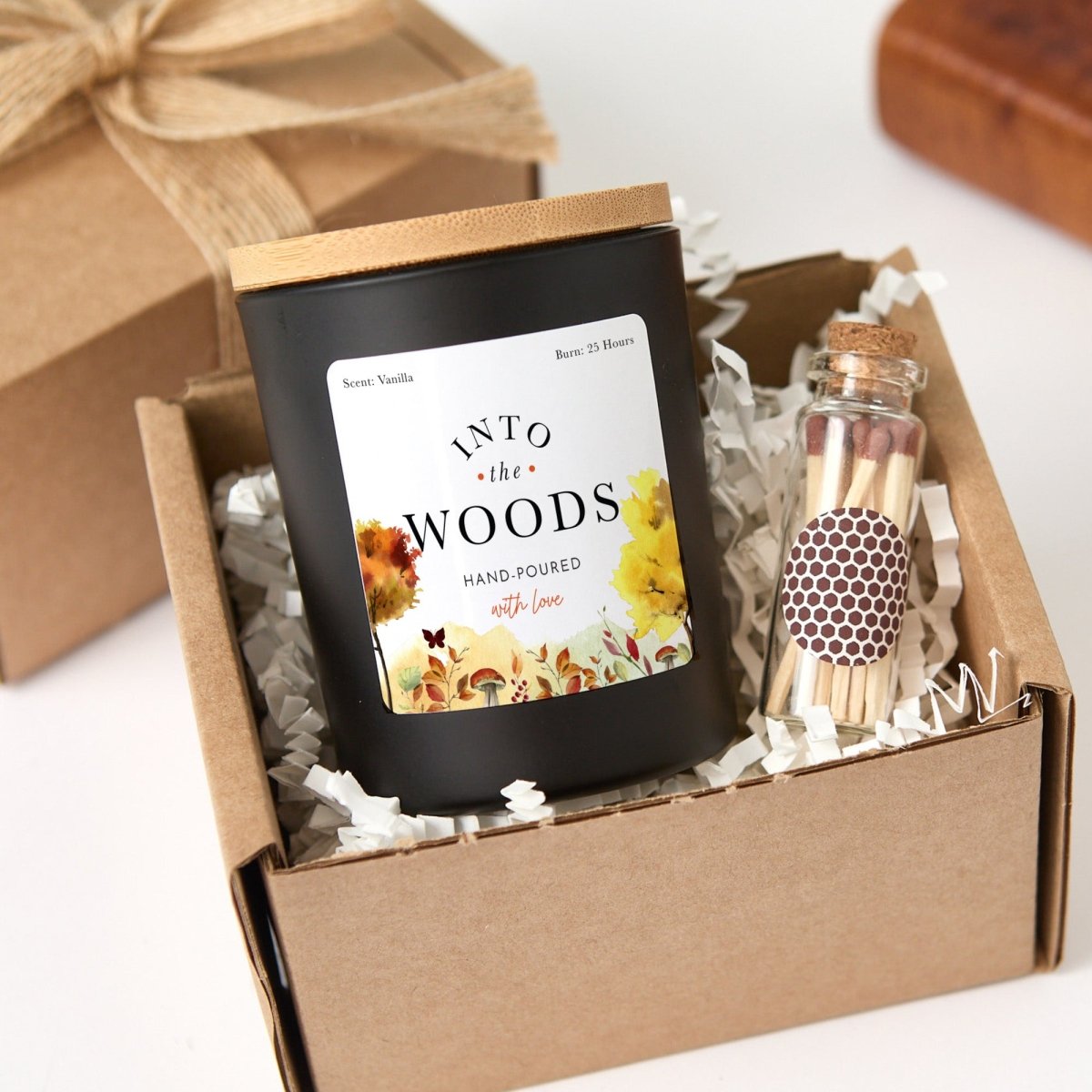 Into the Woods Soy Candle, Autumn Nature Lover Gift, Matte Black Jar with Bamboo Lid, Wooden Matches and Gift Box