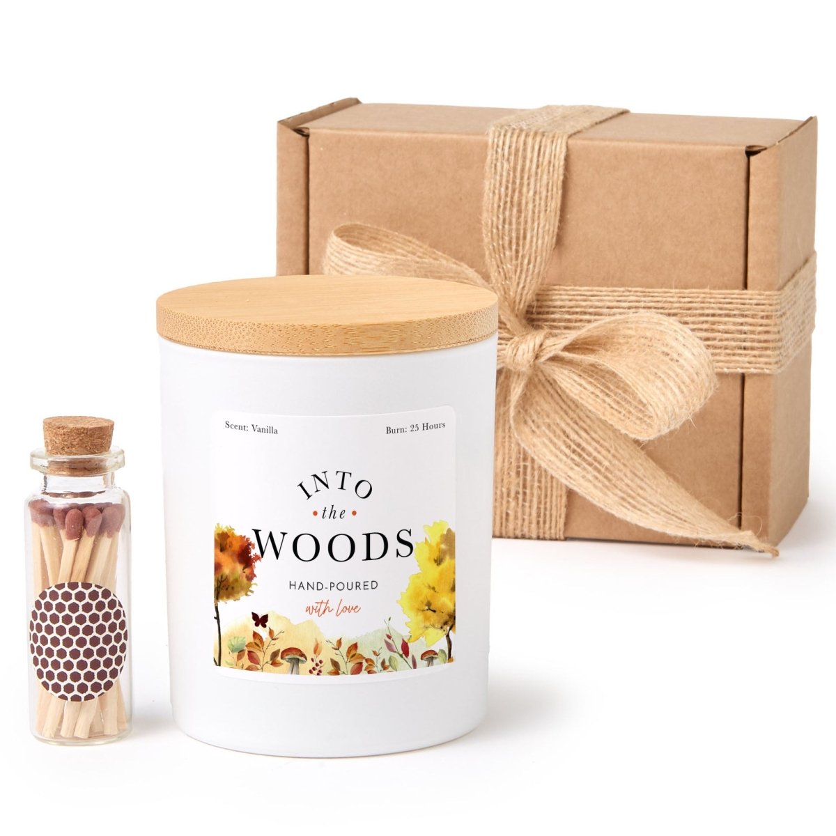 Into the Woods Soy Candle, Autumn Nature Lover Gift, Matte Black Jar with Bamboo Lid, Wooden Matches and Gift Box