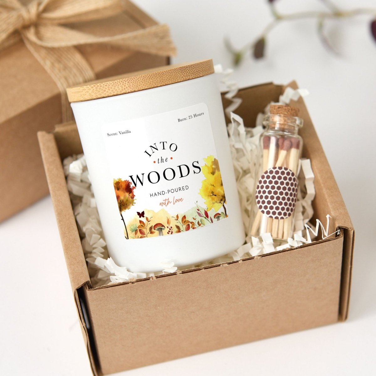Into the Woods Soy Candle, Autumn Nature Lover Gift, Matte Black Jar with Bamboo Lid, Wooden Matches and Gift Box