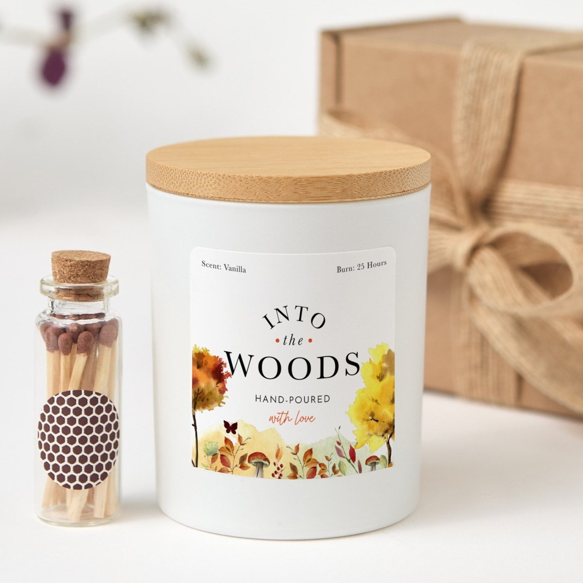 Into the Woods Soy Candle, Autumn Nature Lover Gift, Matte Black Jar with Bamboo Lid, Wooden Matches and Gift Box