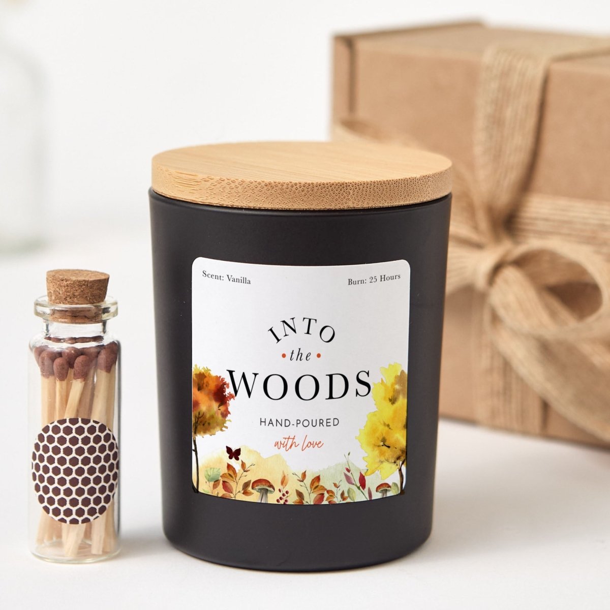 Into the Woods Soy Candle, Autumn Nature Lover Gift, Matte Black Jar with Bamboo Lid, Wooden Matches and Gift Box