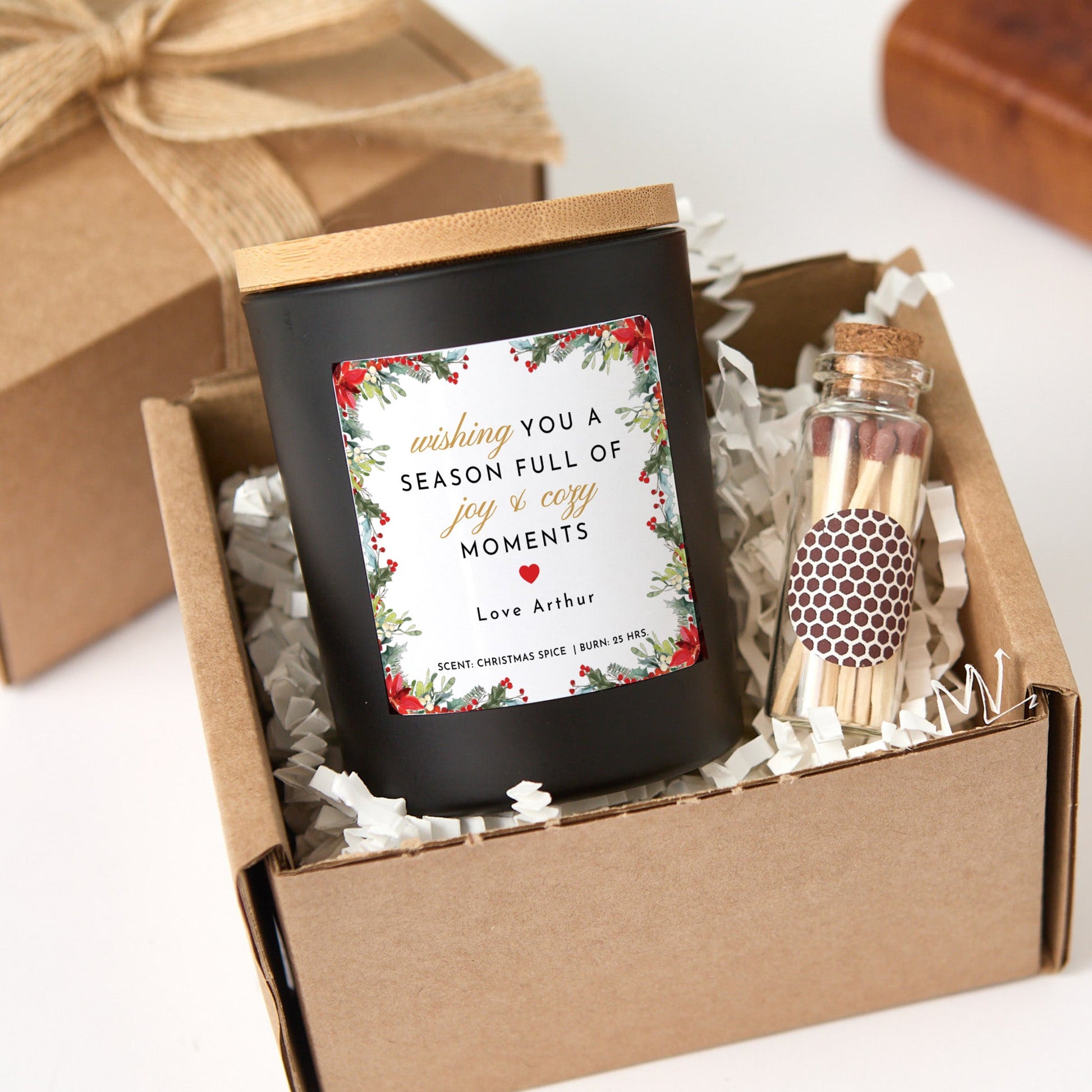 Joy and Cozy Moments Personalized Candle | Holiday Scented Gift with Matches and Gift Box