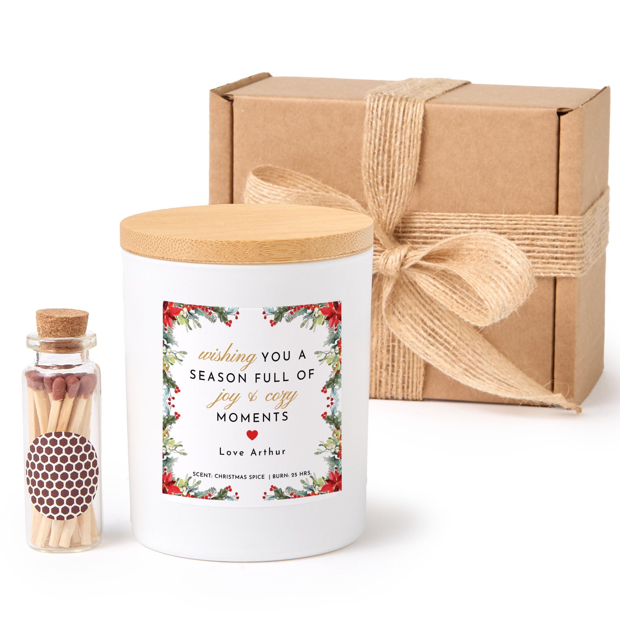 Joy and Cozy Moments Personalized Candle | Holiday Scented Gift with Matches and Gift Box