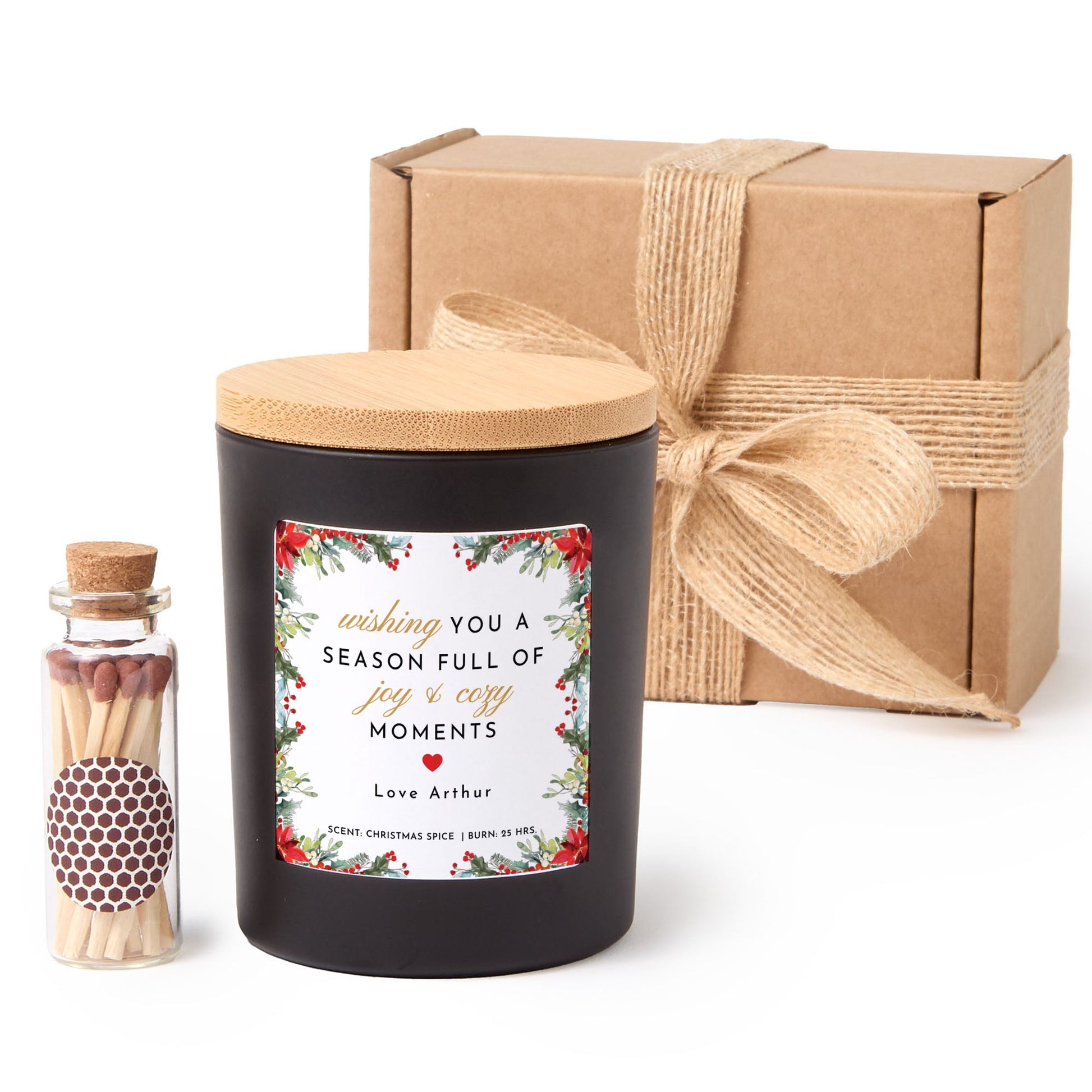 Joy and Cozy Moments Personalized Candle | Holiday Scented Gift with Matches and Gift Box