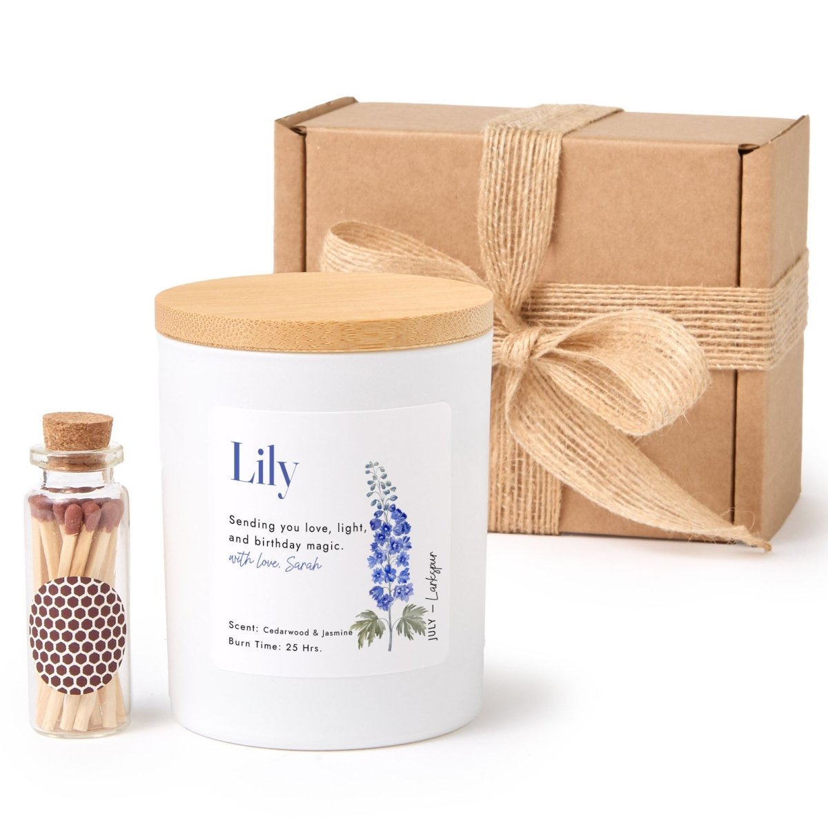 July Birth Flower Personalized Soy Candle Gift for Her Birthday Larkspur Floral Present, Comes with Matches Free Gift Wrap