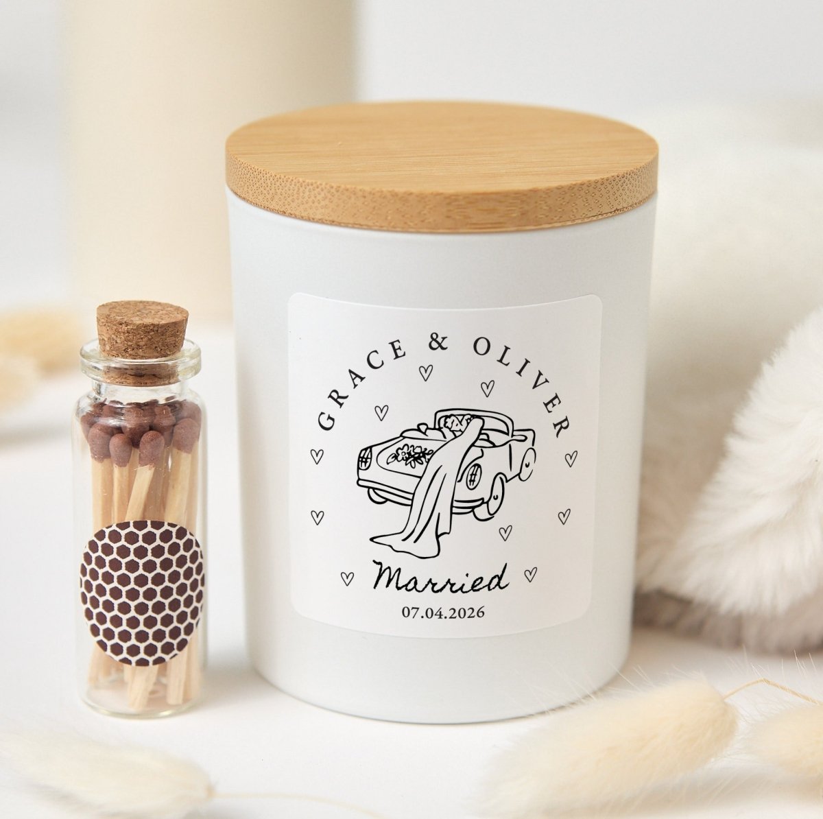 Just Married Wedding Candle for Grace & Oliver, 2026 Newlywed Keepsake with Illustrated Car Label, Box and Matches