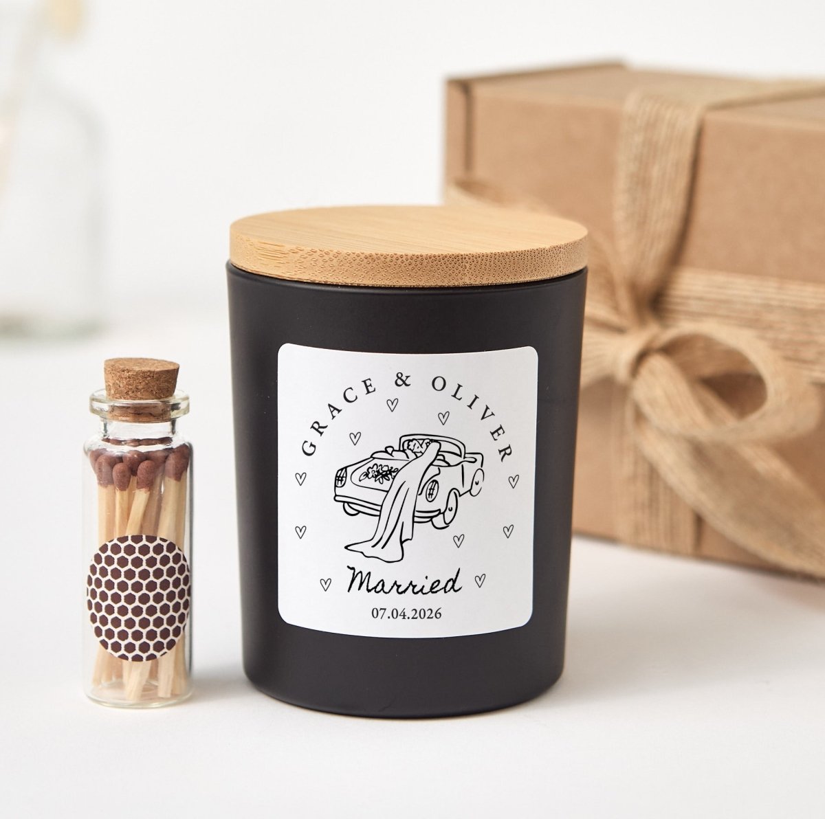 Just Married Wedding Candle for Grace & Oliver, 2026 Newlywed Keepsake with Illustrated Car Label, Box and Matches