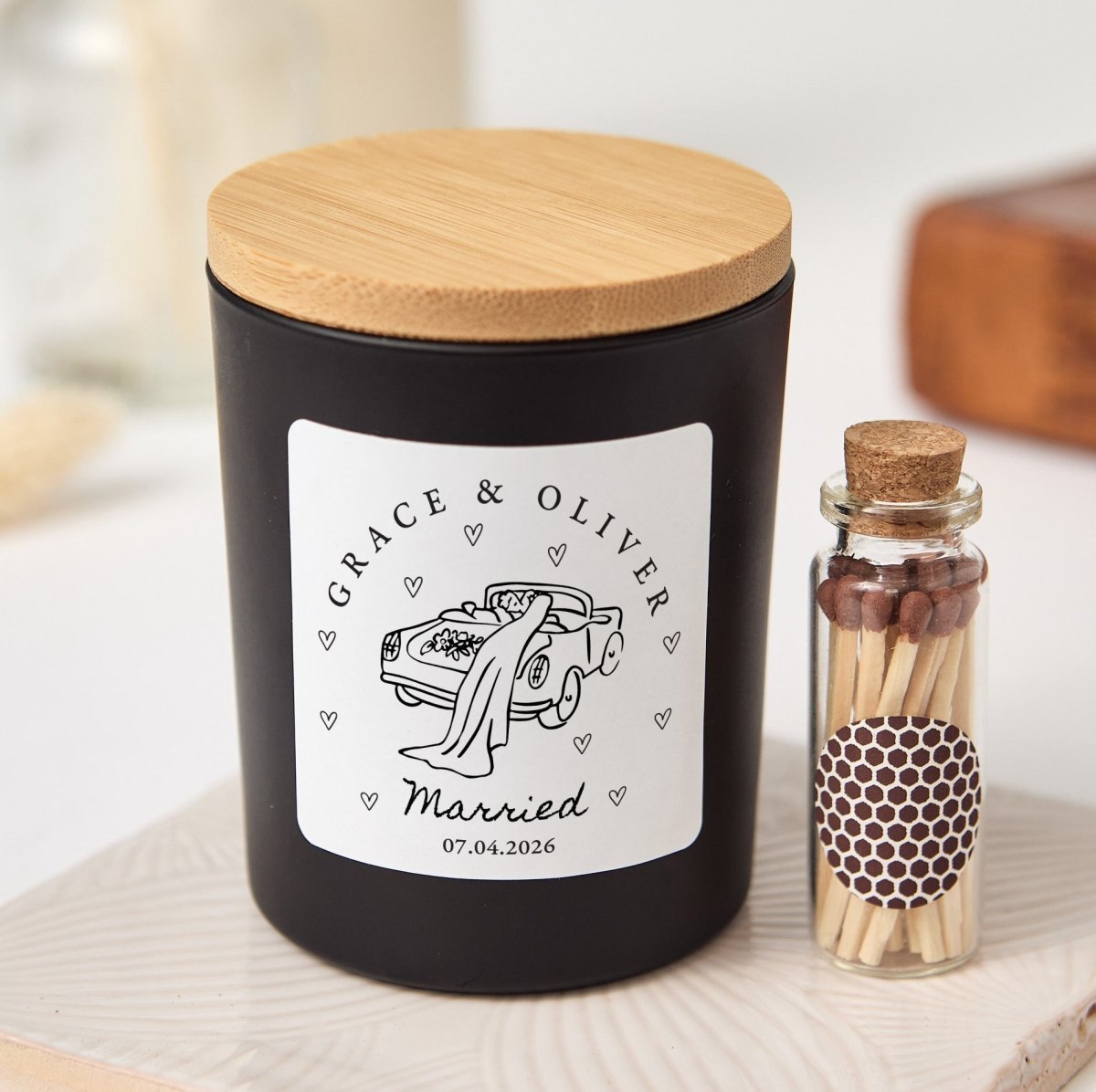 Just Married Wedding Candle for Grace & Oliver, 2026 Newlywed Keepsake with Illustrated Car Label, Box and Matches