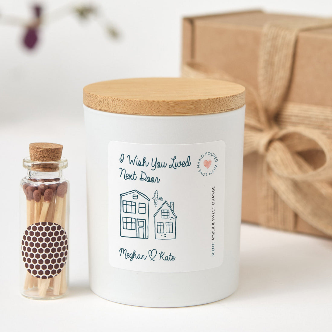 Long Distance Friendship Candle Gift Box | Personalized Soy Wax Candle with Ribbon Matches | Gift for Best Friend