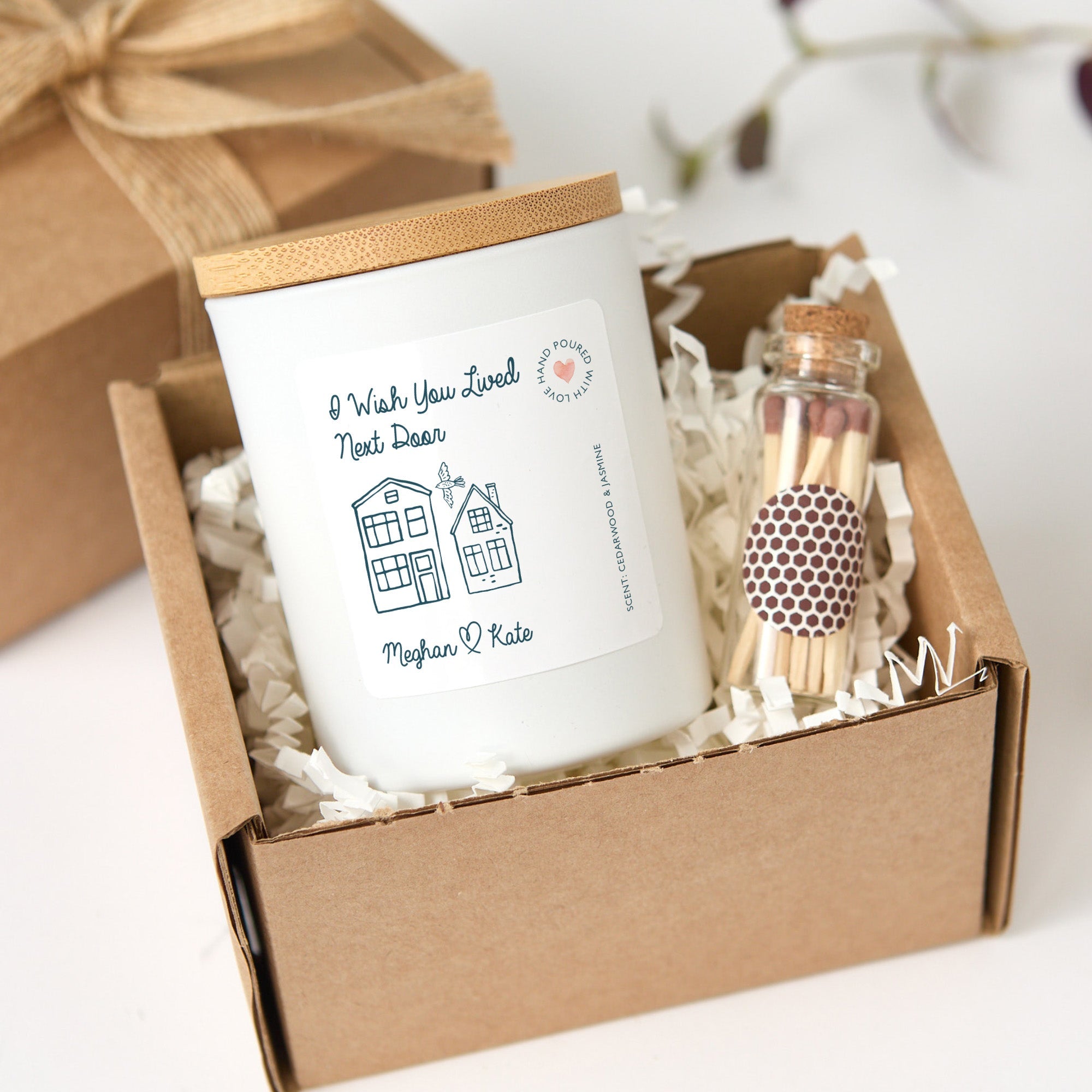 Long Distance Friendship Candle Gift Box | Personalized Soy Wax Candle with Ribbon Matches | Gift for Best Friend