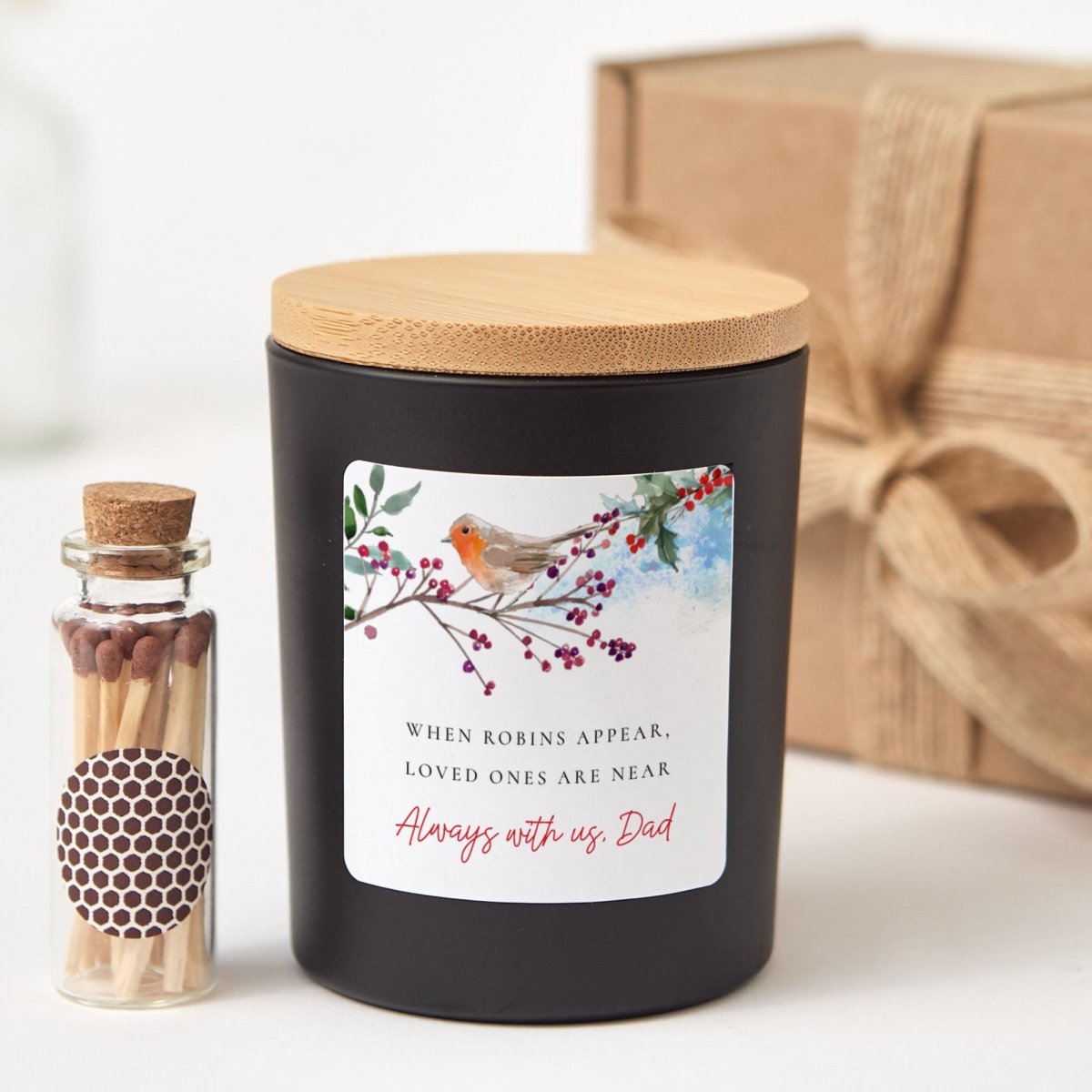 Memorial Candle for Dad, “When Robins Appear, Loved Ones Are Near,” Bereavement Sympathy Gift with Match Jar