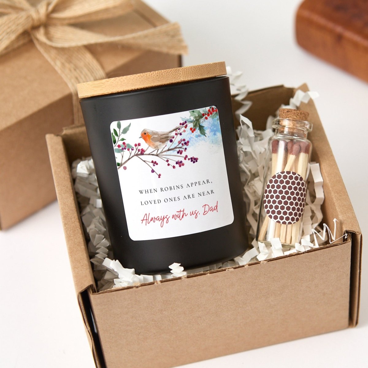 Memorial Candle for Dad, “When Robins Appear, Loved Ones Are Near,” Bereavement Sympathy Gift with Match Jar