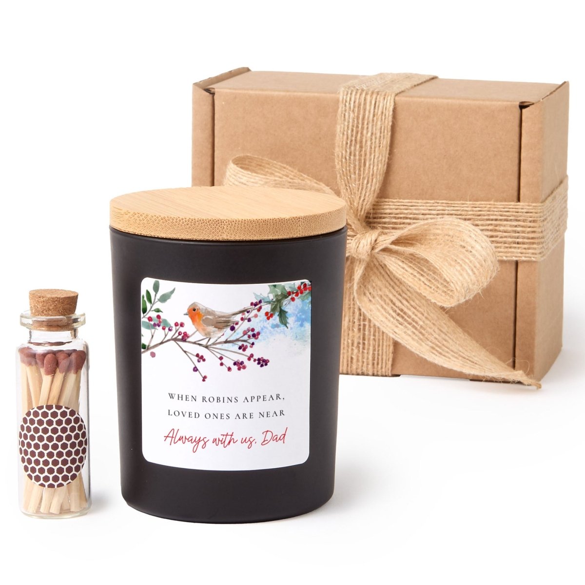 Memorial Candle for Dad, “When Robins Appear, Loved Ones Are Near,” Bereavement Sympathy Gift with Match Jar
