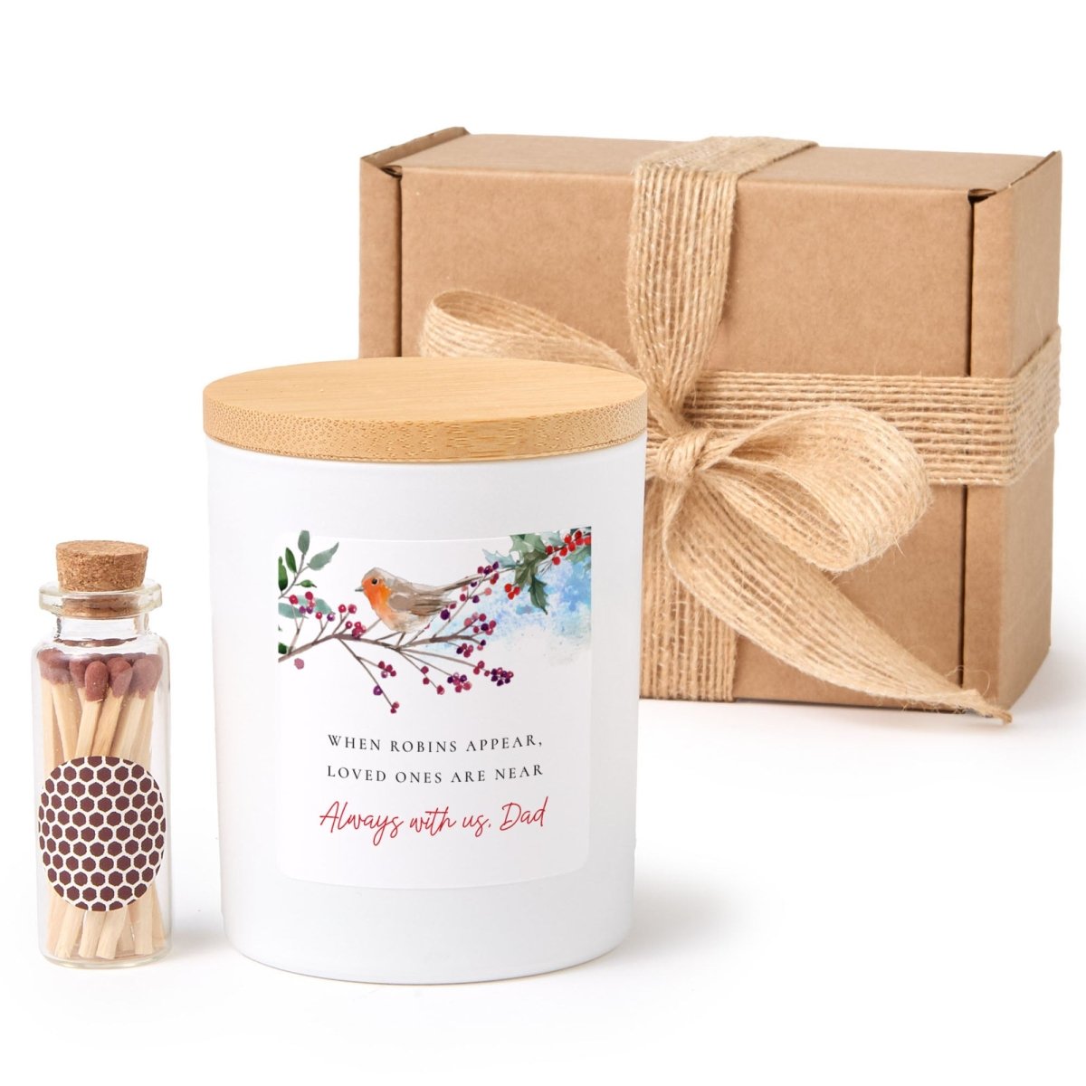 Memorial Candle for Dad, “When Robins Appear, Loved Ones Are Near,” Bereavement Sympathy Gift with Match Jar