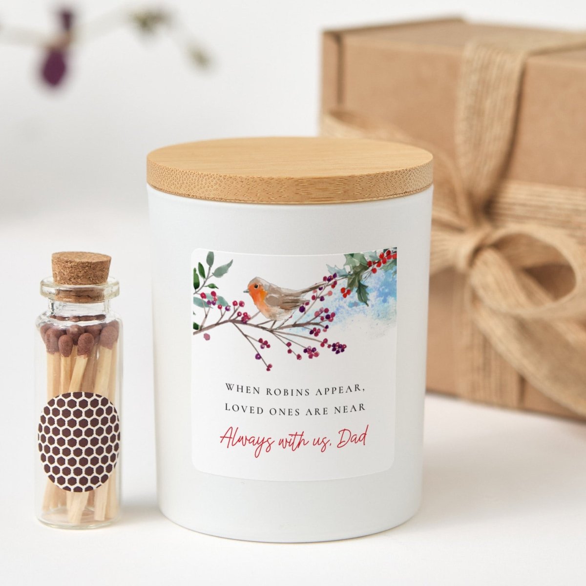 Memorial Candle for Dad, “When Robins Appear, Loved Ones Are Near,” Bereavement Sympathy Gift with Match Jar