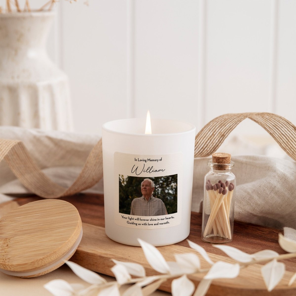 Memorial Candle for Loss Sympathy Gift, In Loving Memory Keepsake with Photo, Gift Box, Mini Matches