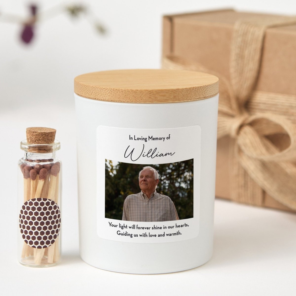 Memorial Candle for Loss Sympathy Gift, In Loving Memory Keepsake with Photo, Gift Box, Mini Matches