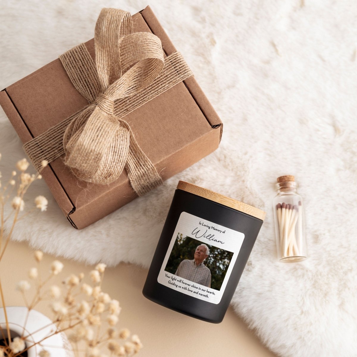 Memorial Candle for Loss Sympathy Gift, In Loving Memory Keepsake with Photo, Gift Box, Mini Matches