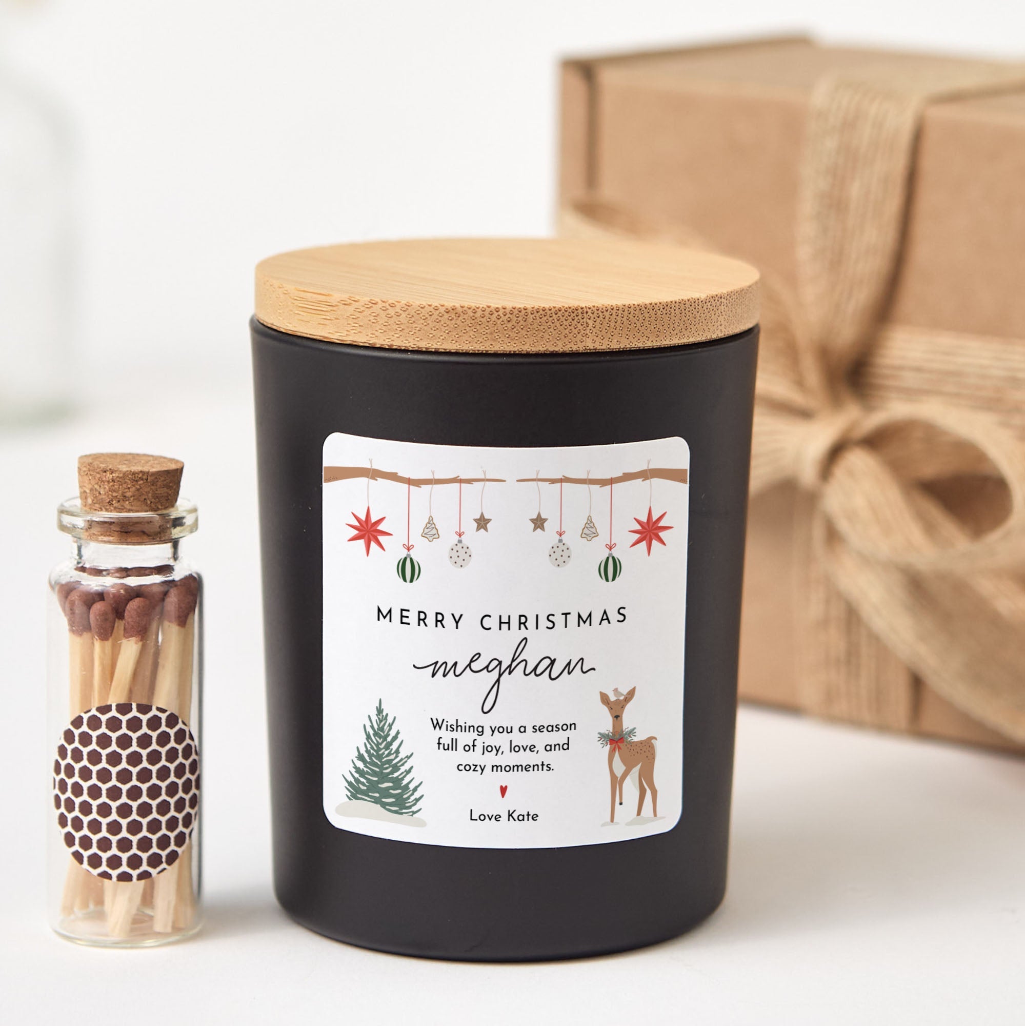 Merry Christmas Candle for Friend or Family | Personalized Scented Gift with Box & Matches
