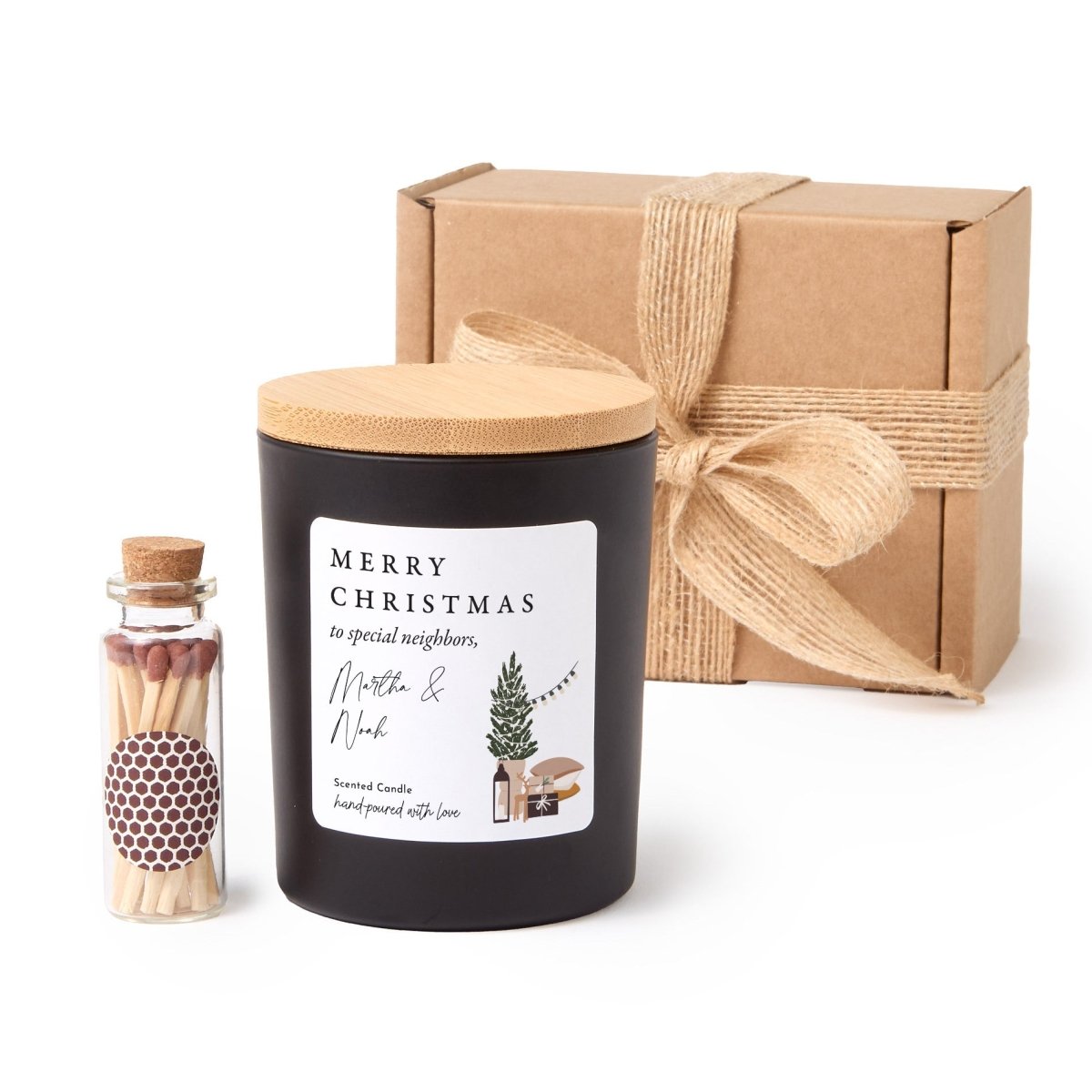 Merry Christmas Candle for Special Neighbors, Personalized Holiday Housewarming Gift with Rustic Box and Matches