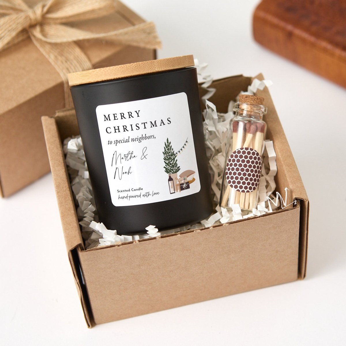 Merry Christmas Candle for Special Neighbors, Personalized Holiday Housewarming Gift with Rustic Box and Matches