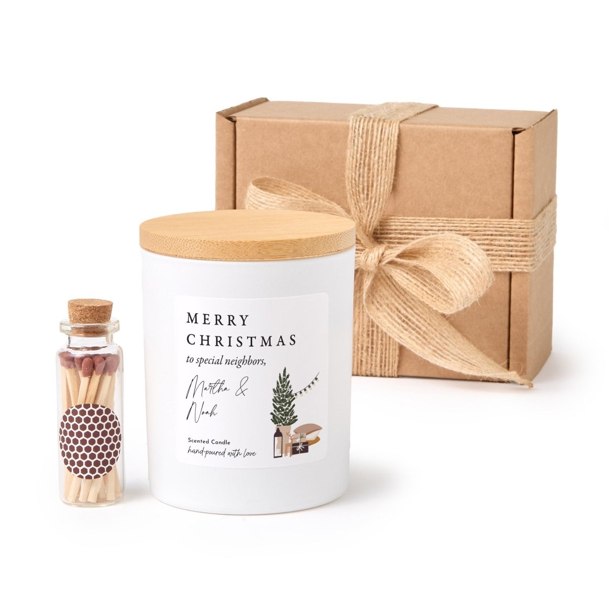 Merry Christmas Candle for Special Neighbors, Personalized Holiday Housewarming Gift with Rustic Box and Matches