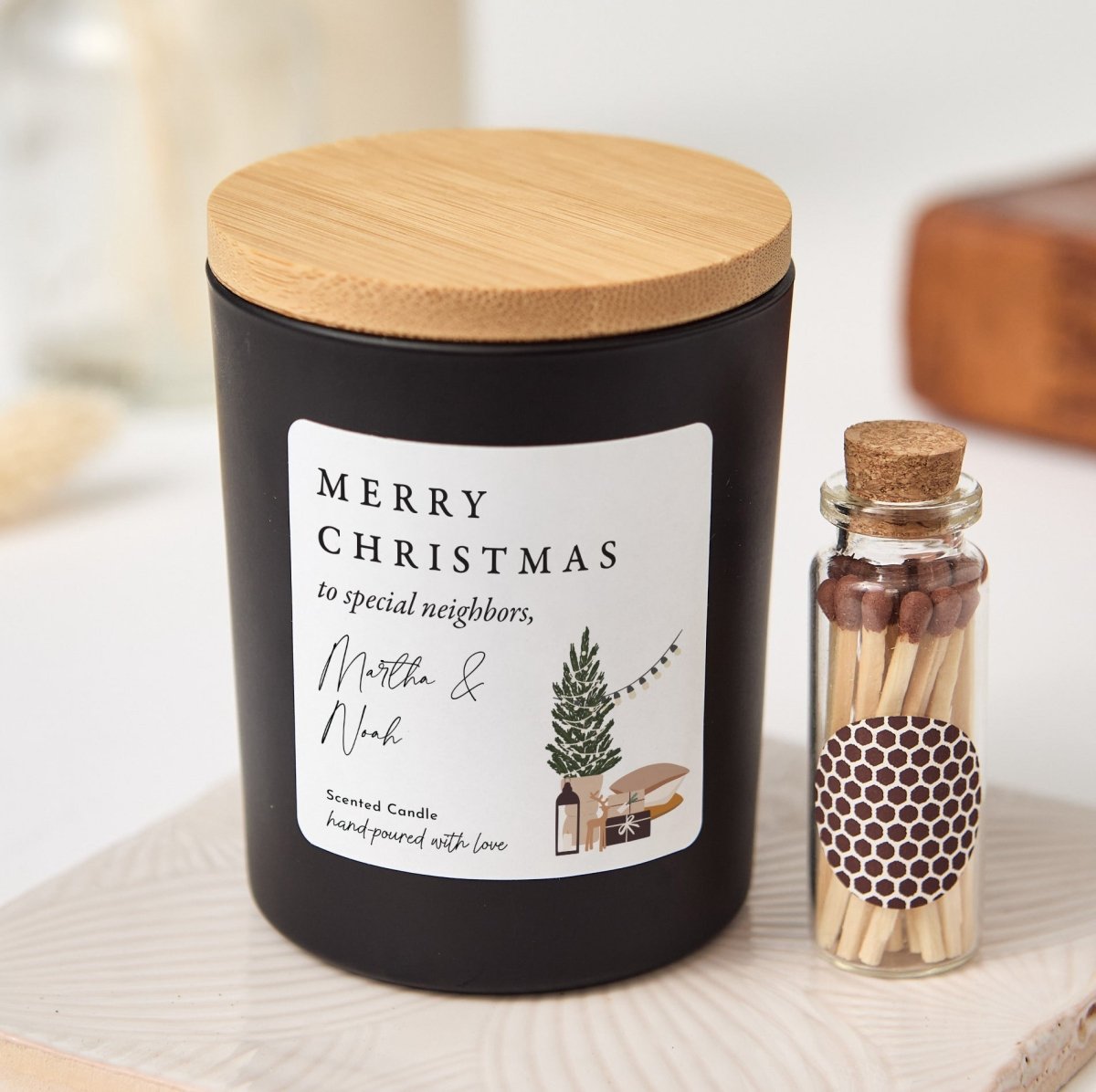 Merry Christmas Candle for Special Neighbors, Personalized Holiday Housewarming Gift with Rustic Box and Matches